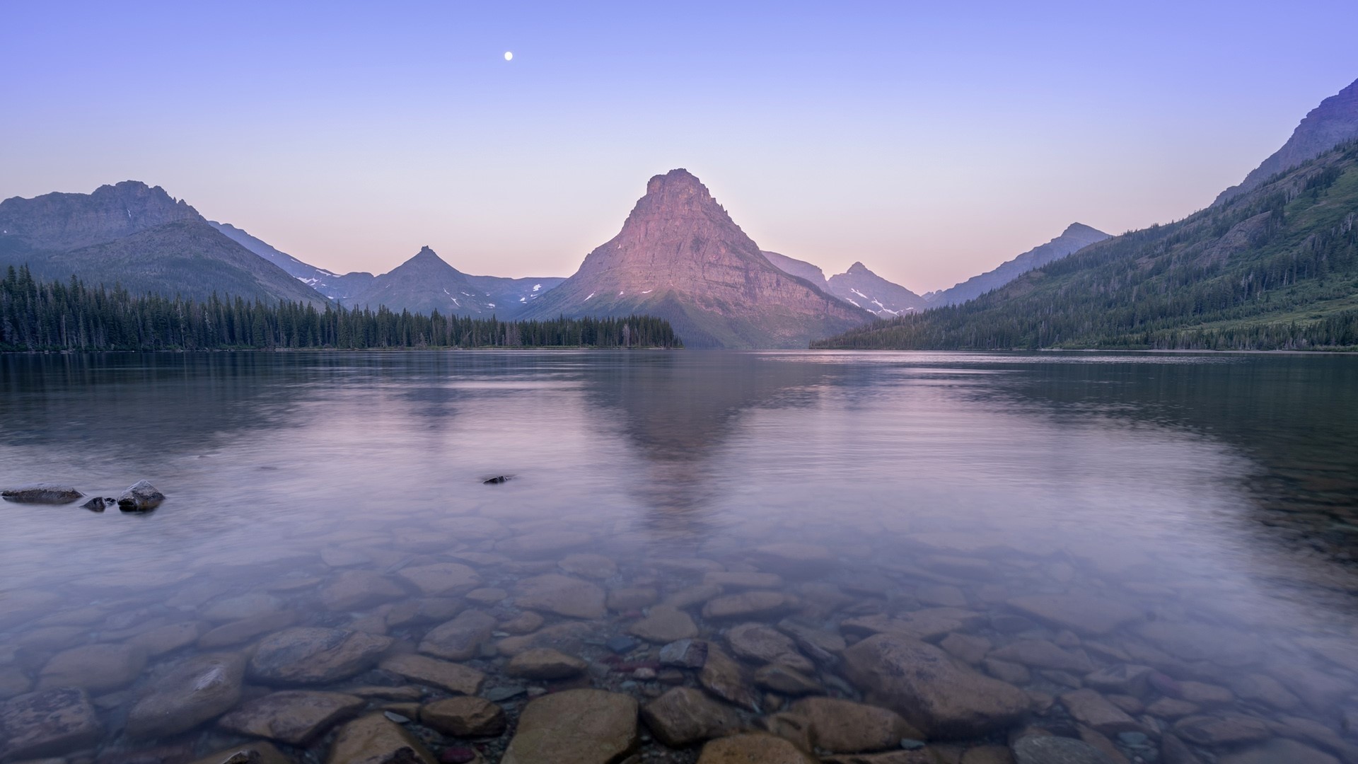 Mountain Lake at Dusk with Moon HD Wallpaper