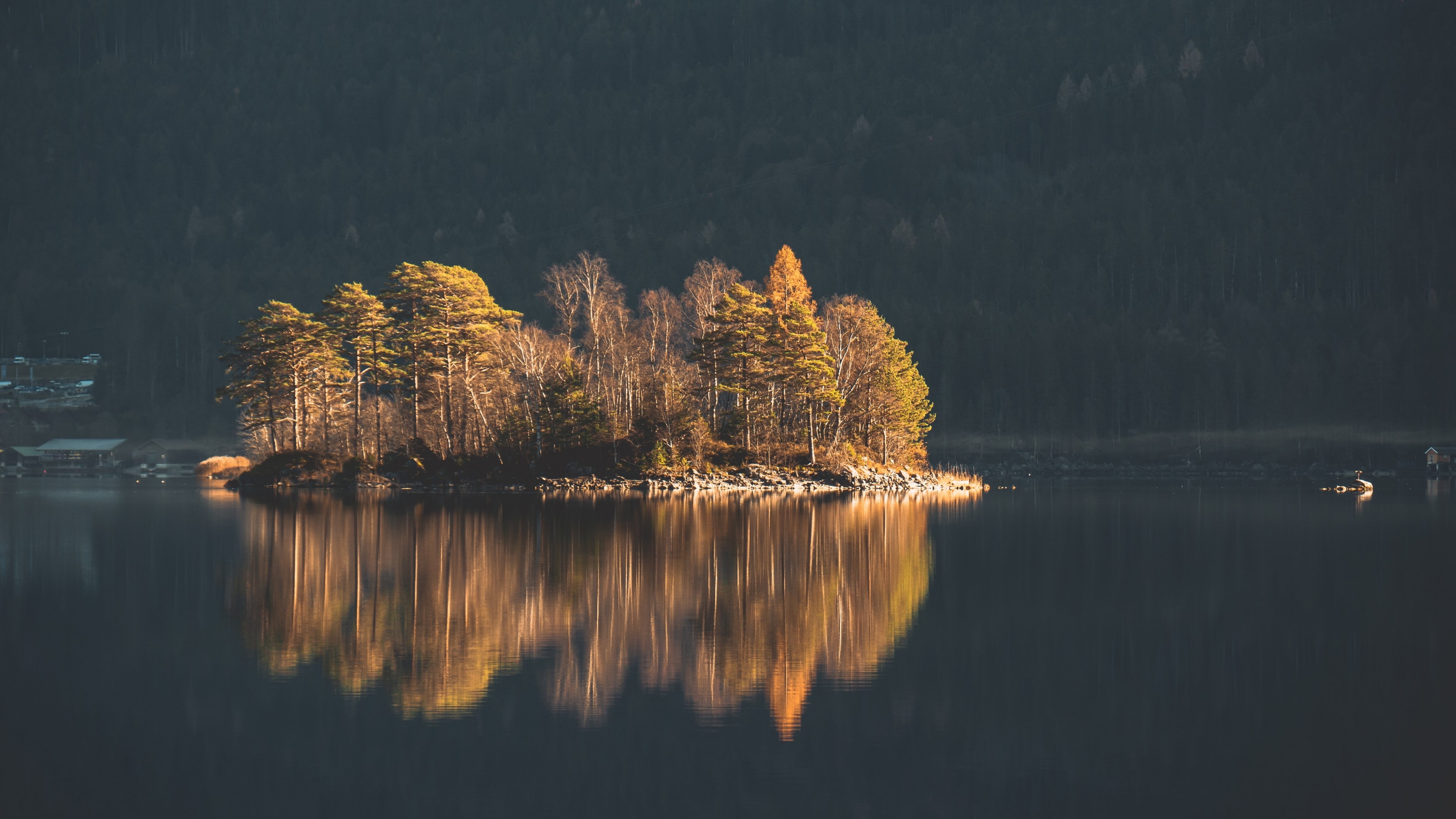 Island with trees reflected in lake HD Wallpaper