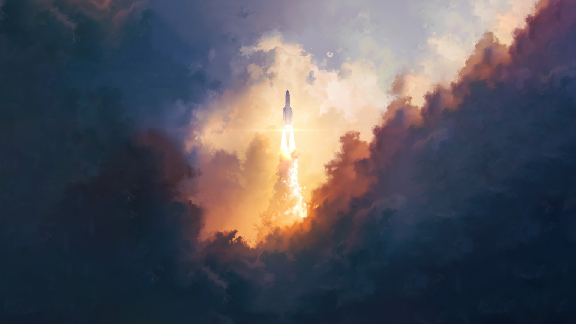 Space Rocket Launching Through Clouds HD Wallpaper