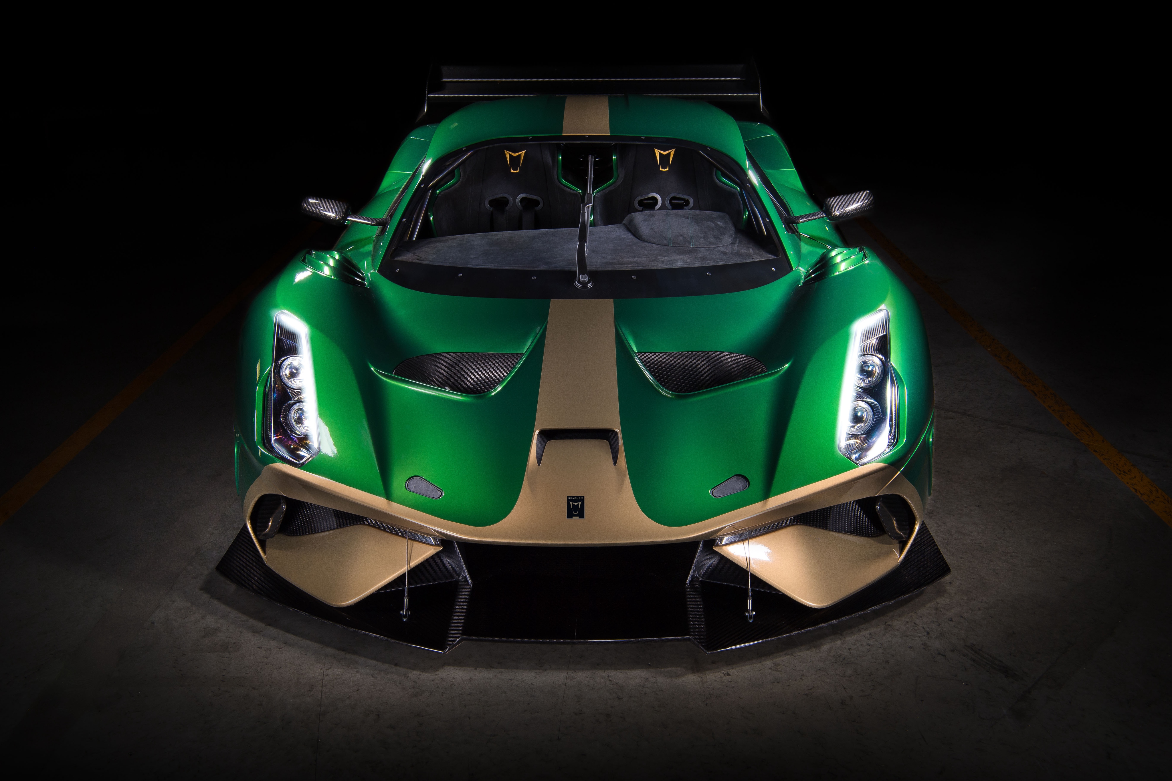 Green Brabham BT62 supercar with gold stripe HD Wallpaper