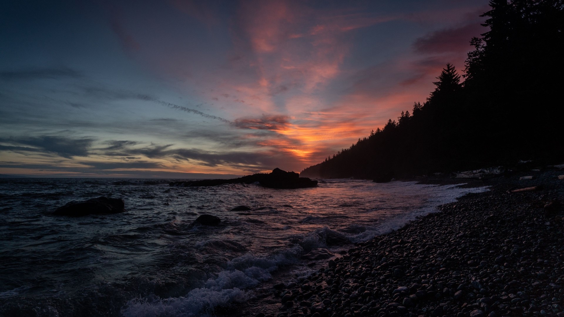 Sunset over a rocky shore with trees HD Wallpaper