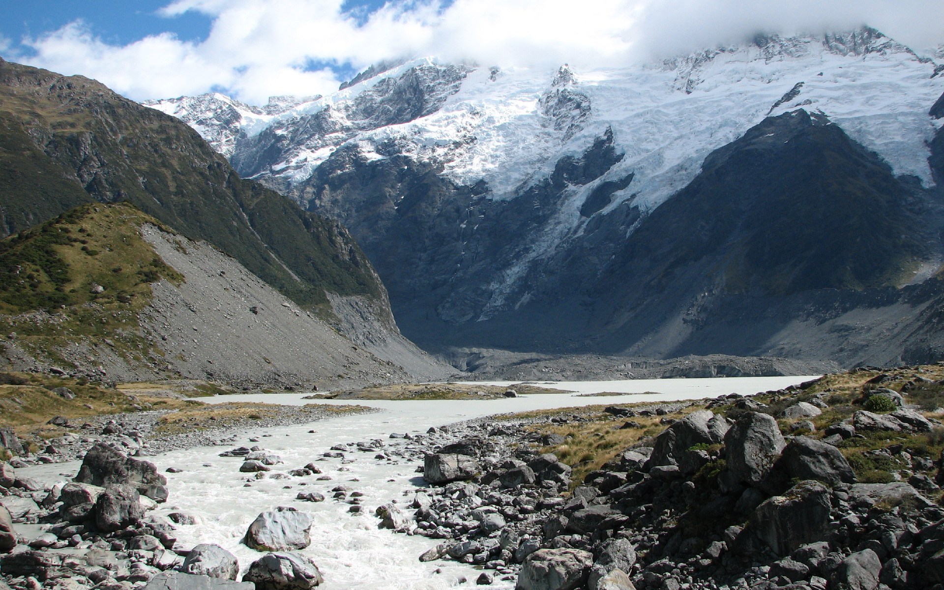 Glacier and River in a Mountain Valley HD Wallpaper