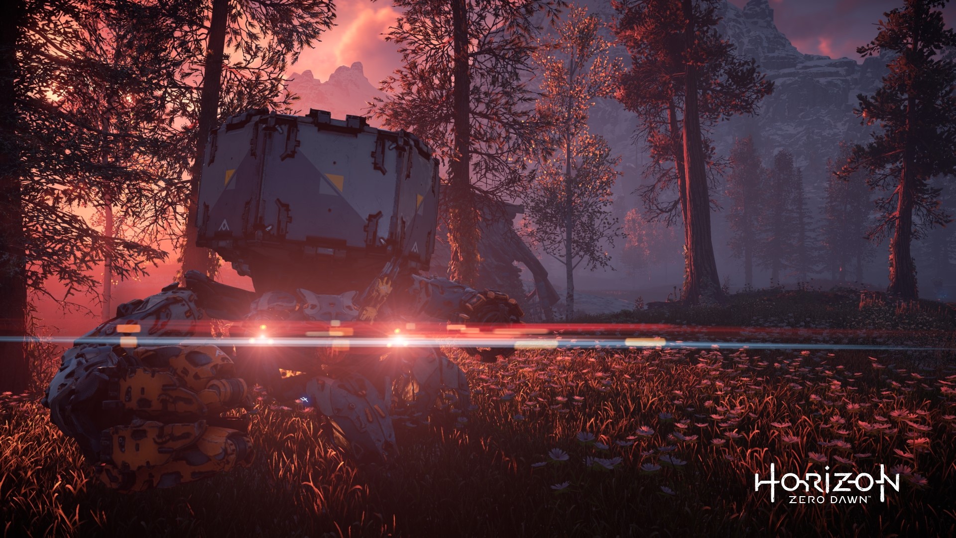 Horizon Zero Dawn robot in a forest at sunset HD Wallpaper