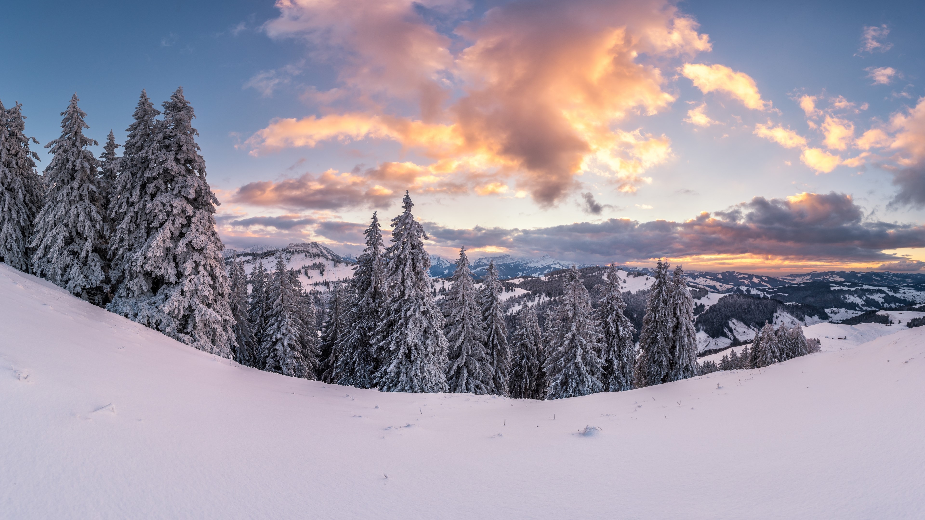 4K Switzerland Snowy Mountain Landscape at Sunset HD Wallpaper