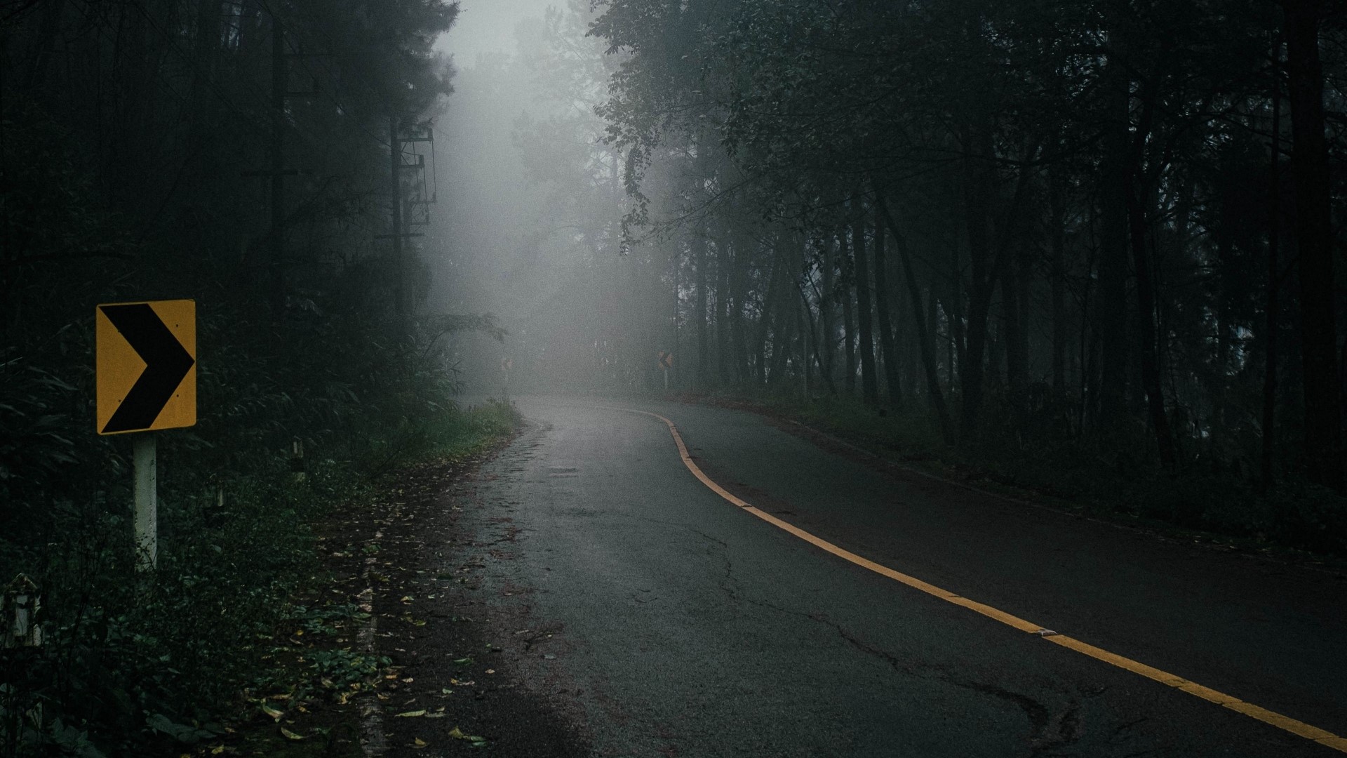 Road sign on a foggy mountain road HD Wallpaper