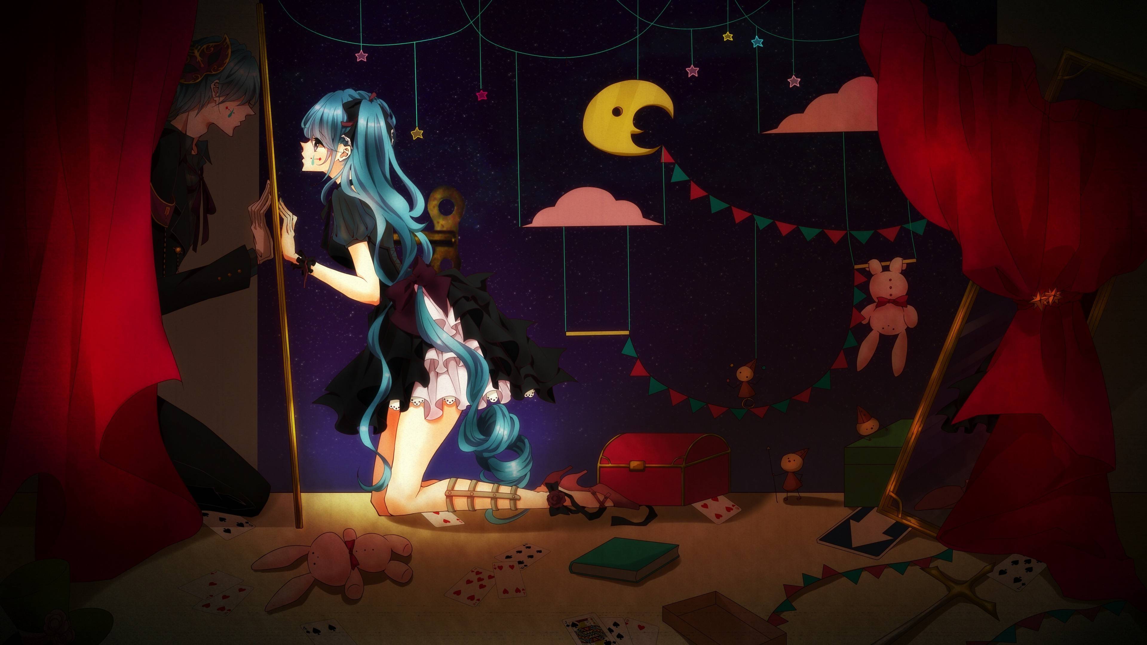 Hatsune Miku and a boy in a surreal circus setting HD Wallpaper