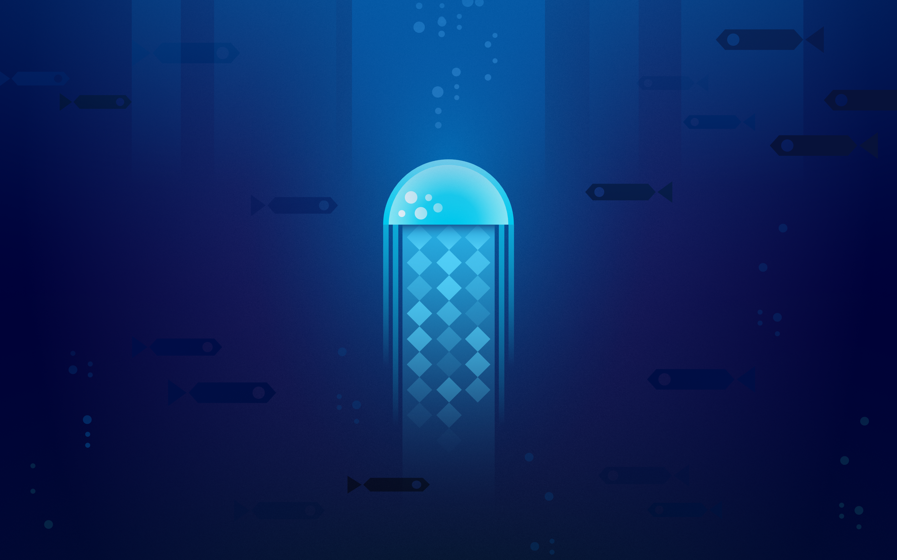 Minimal blue jellyfish and fish underwater HD Wallpaper