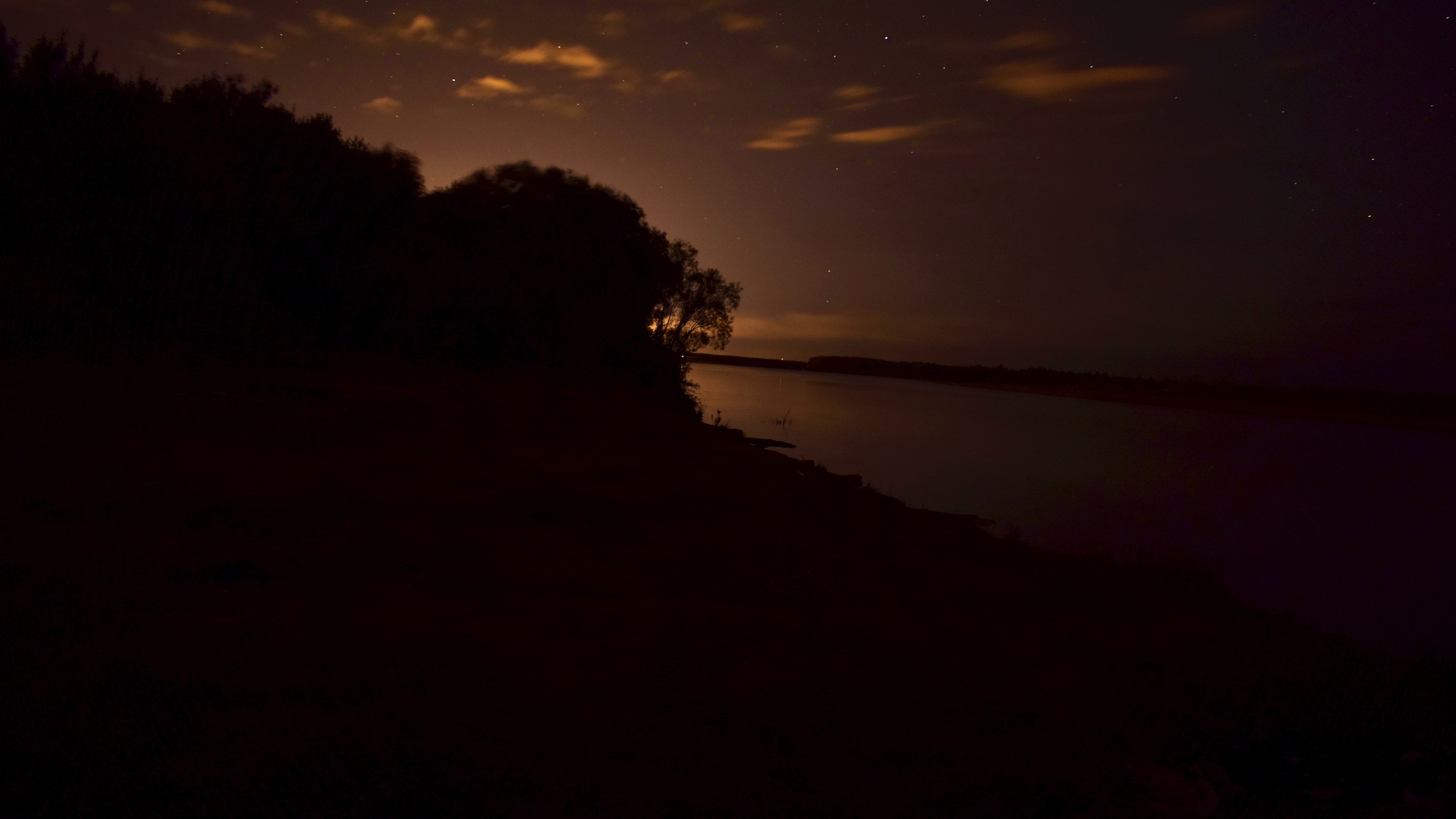 Night sky over a river and trees HD Wallpaper