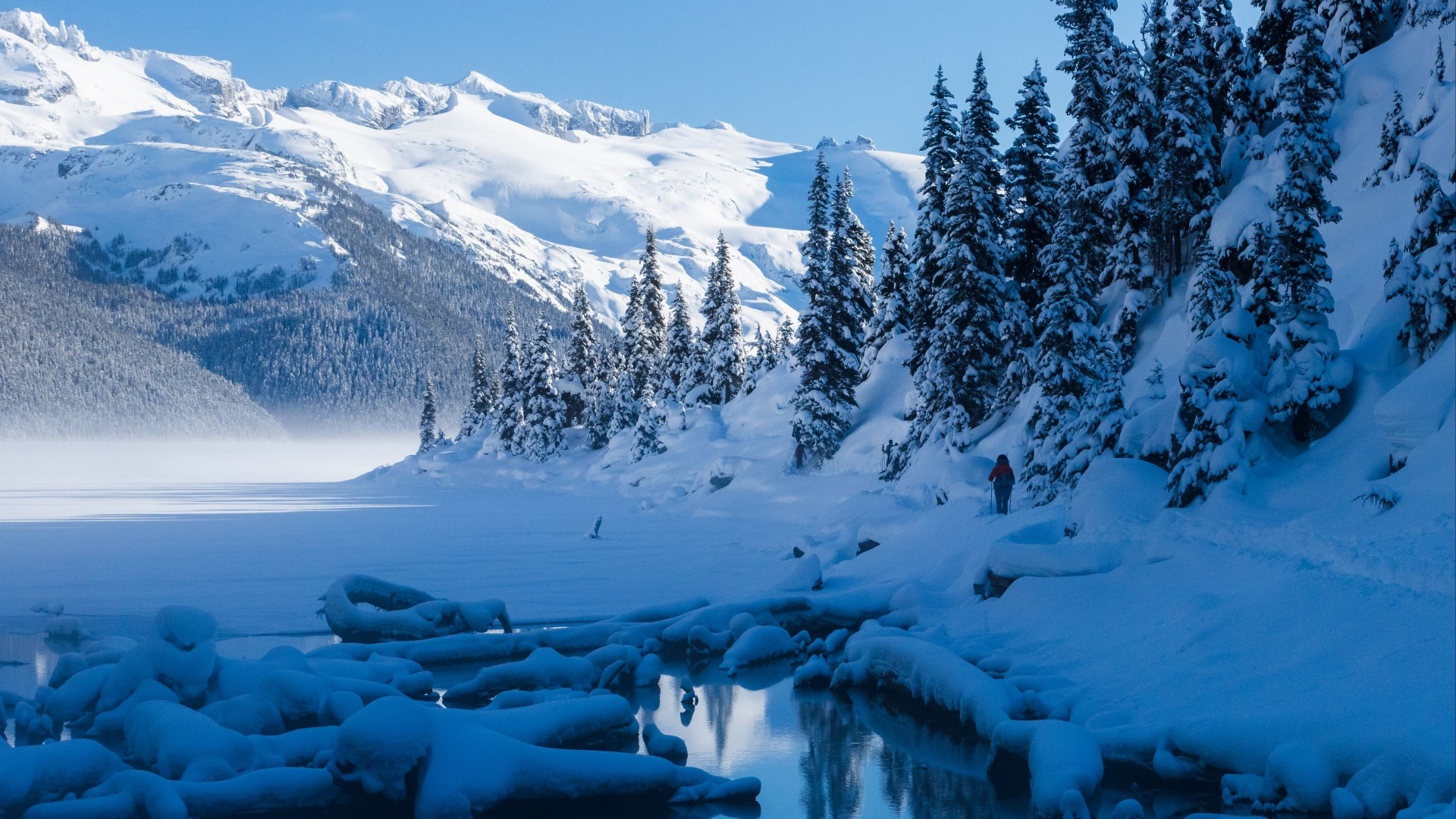 Snowy Mountains and Frozen Lake with Trees HD Wallpaper