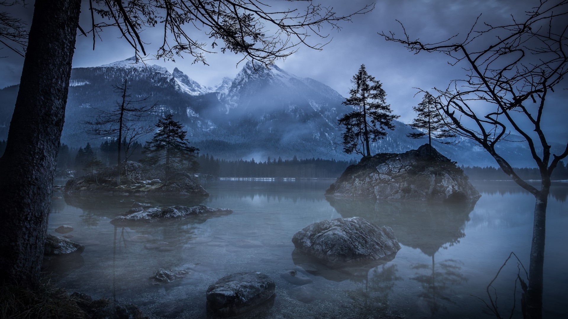 Misty mountains and lake with trees HD Wallpaper