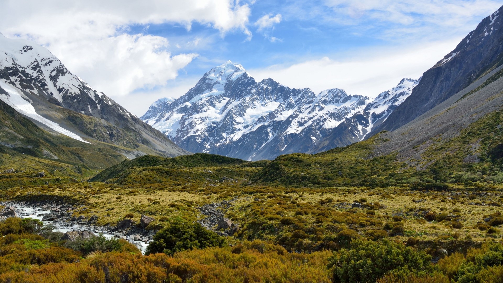 Snow-capped mountains and a valley with a stream HD Wallpaper