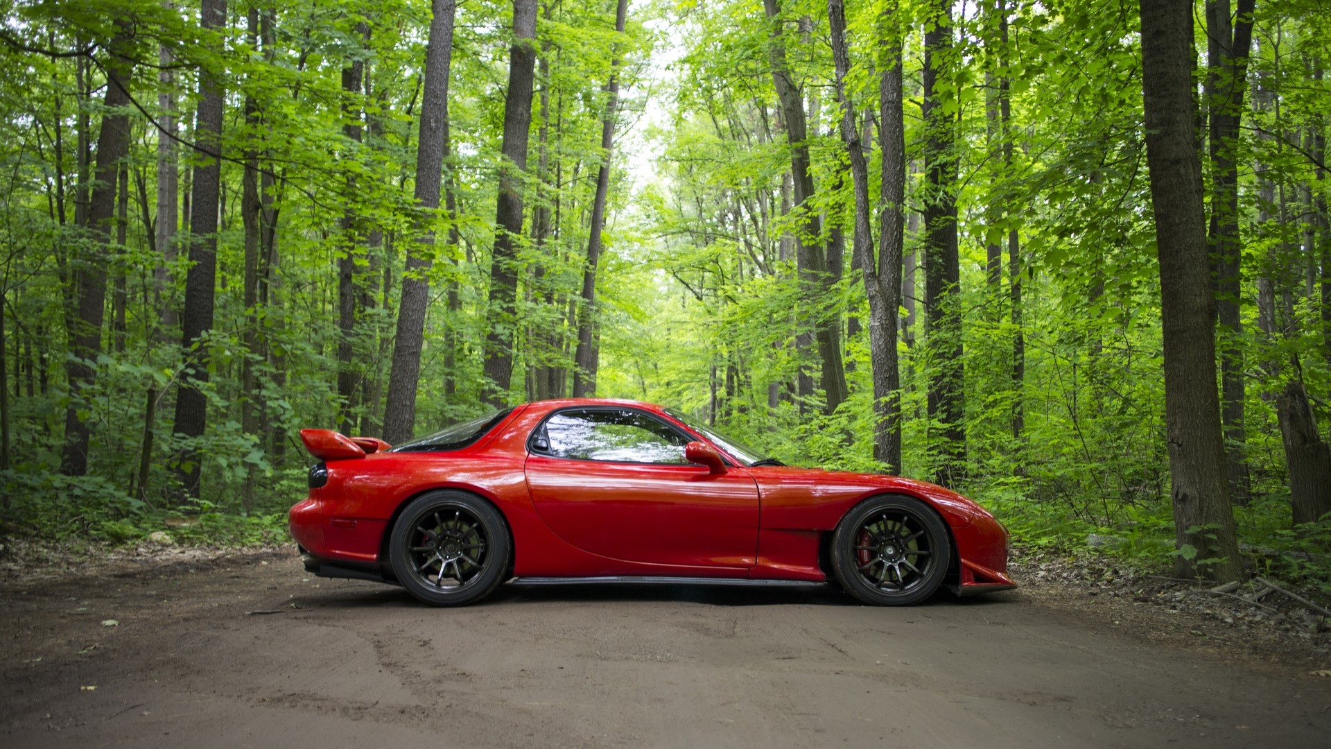 Red Mazda RX-7 in a Forest HD Wallpaper