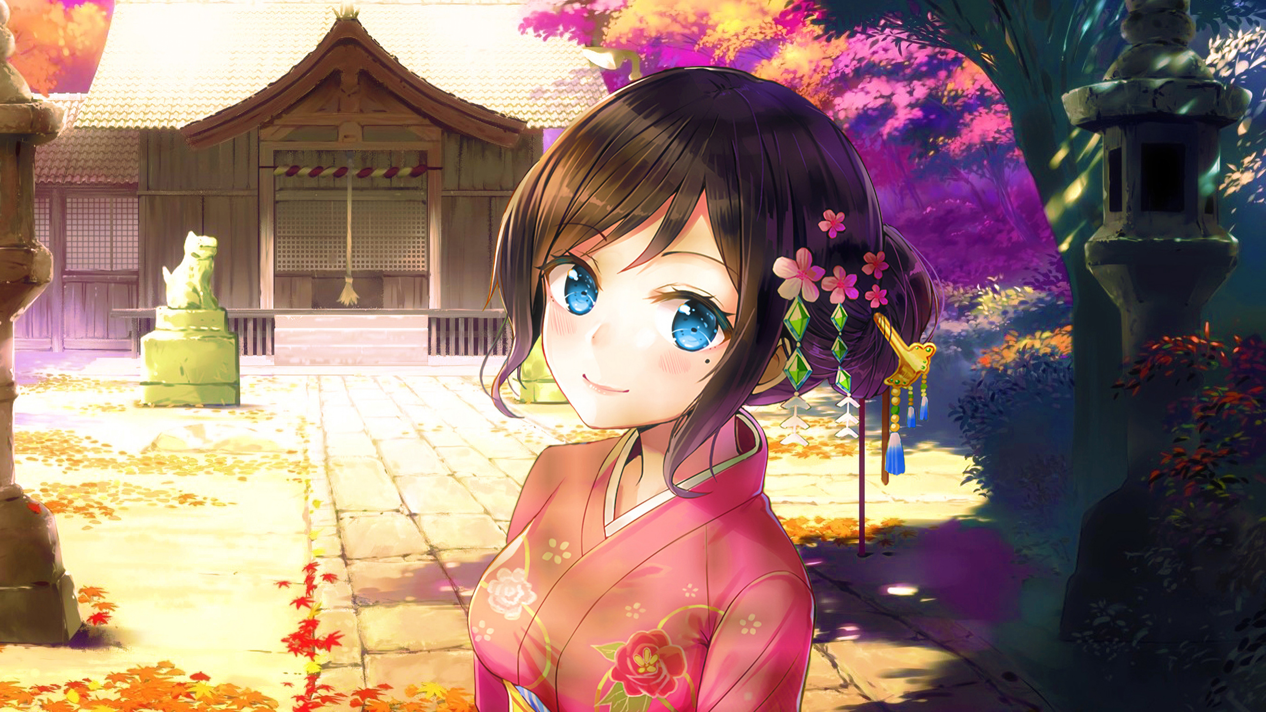 Anime girl in a pink kimono at a shrine HD Wallpaper