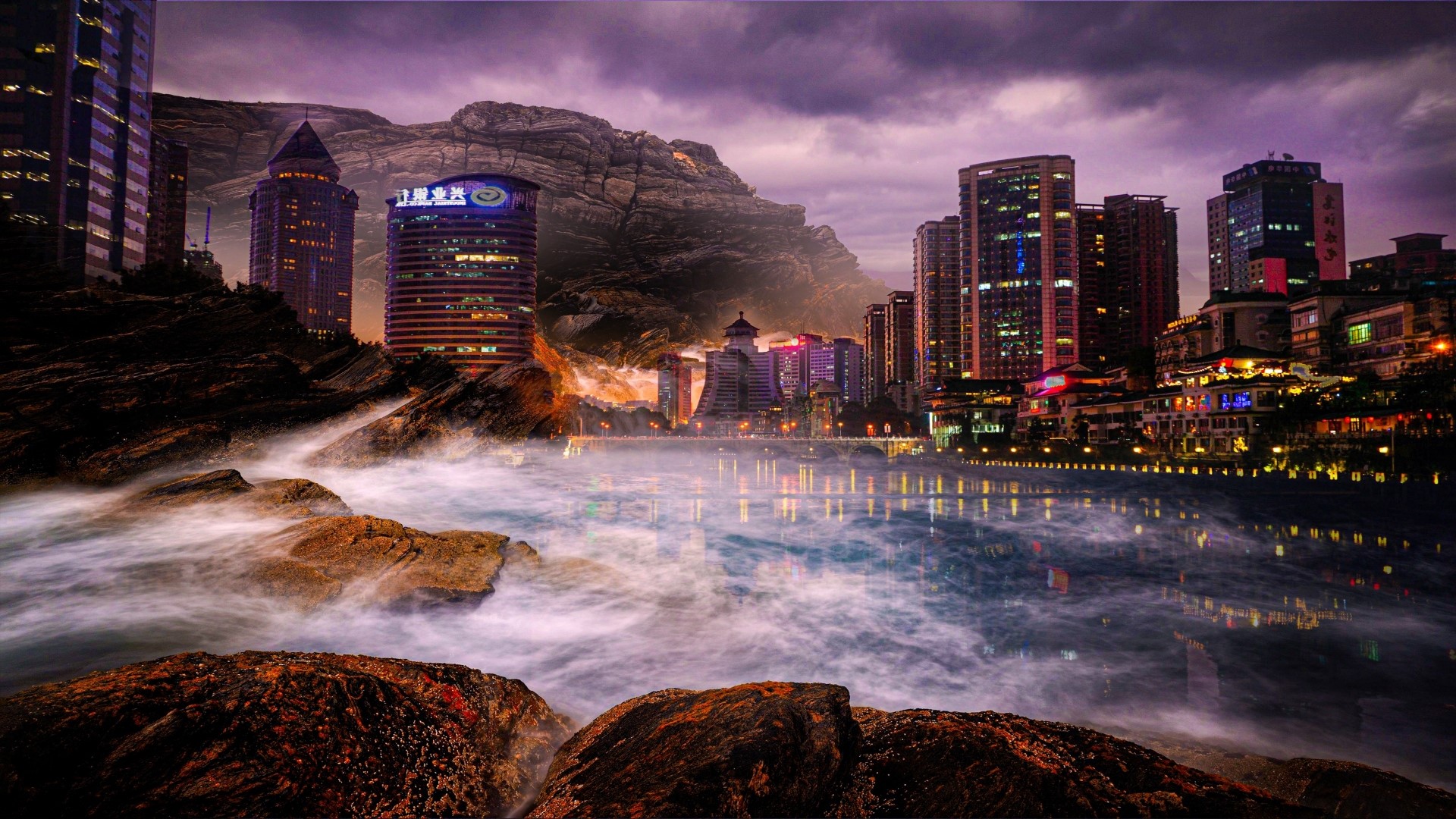 Skyscrapers on rocky shore with ocean waves HD Wallpaper