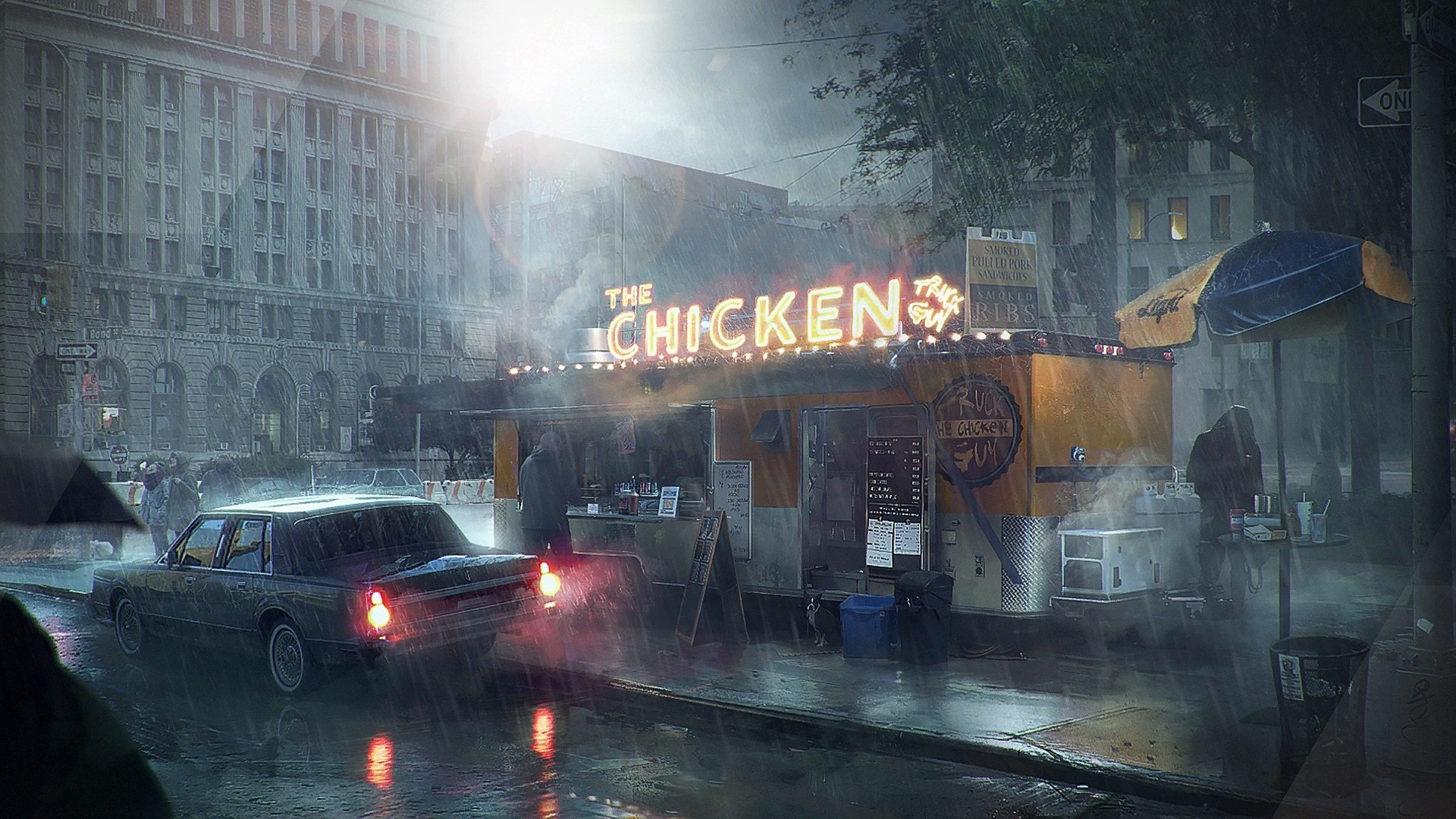 The Chicken food truck in the rain HD Wallpaper