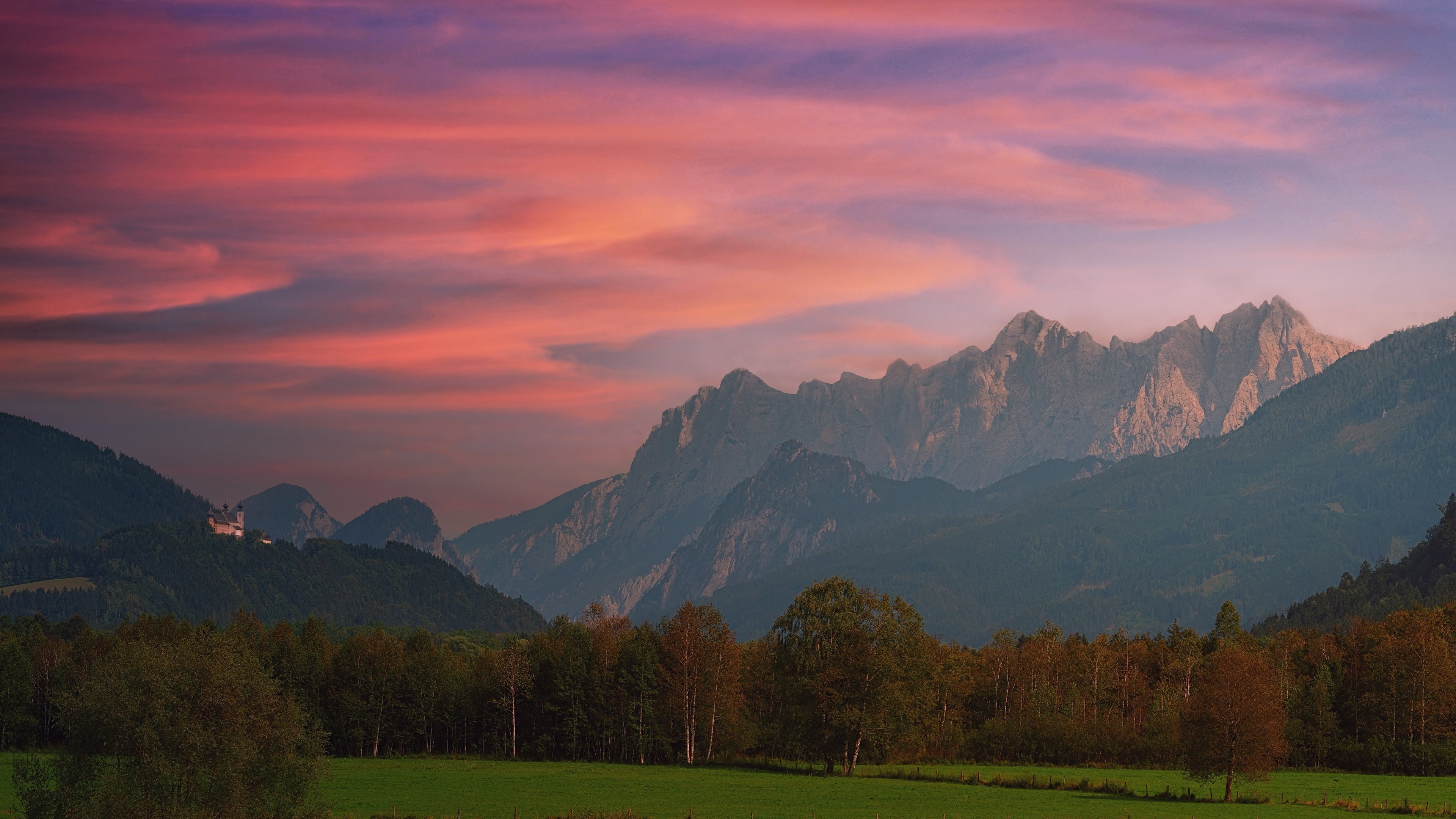 Mountain range with castle at sunset HD Wallpaper