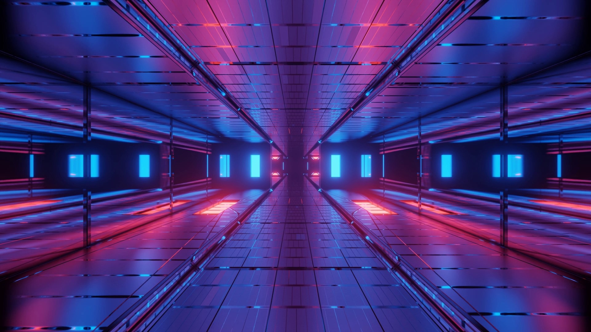 Futuristic Tunnel with Blue and Red Lights HD Wallpaper