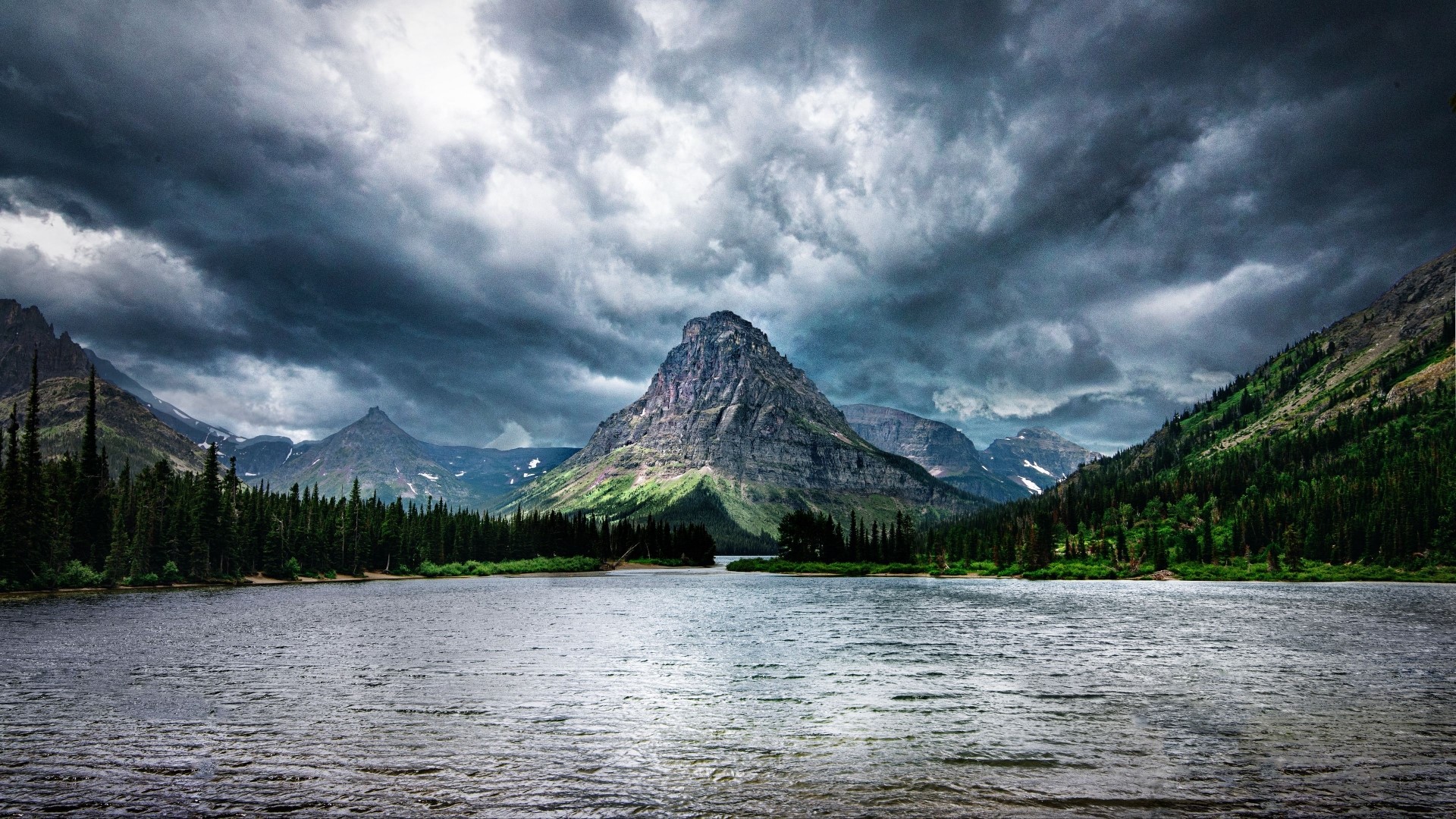 Lake and Mountain under Stormy Sky HD Wallpaper