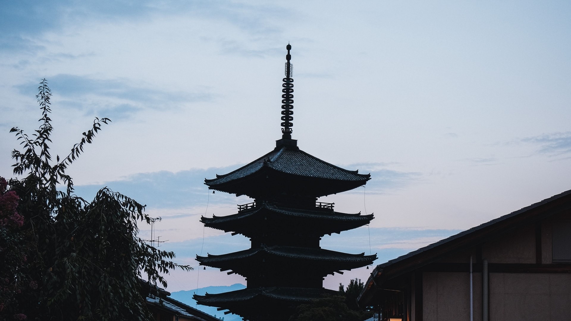 Silhouette of a Japanese Pagoda at Dusk HD Wallpaper