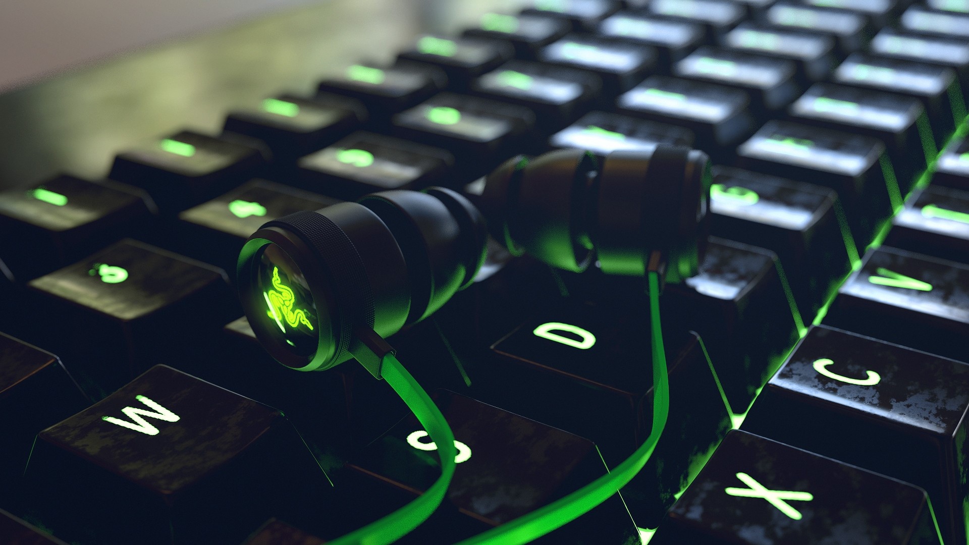 Razer Earbuds on a Gaming Keyboard HD Wallpaper