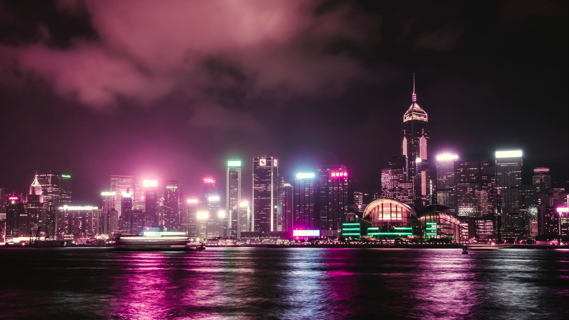 Hong Kong Skyline at Night with Neon Lights HD Wallpaper
