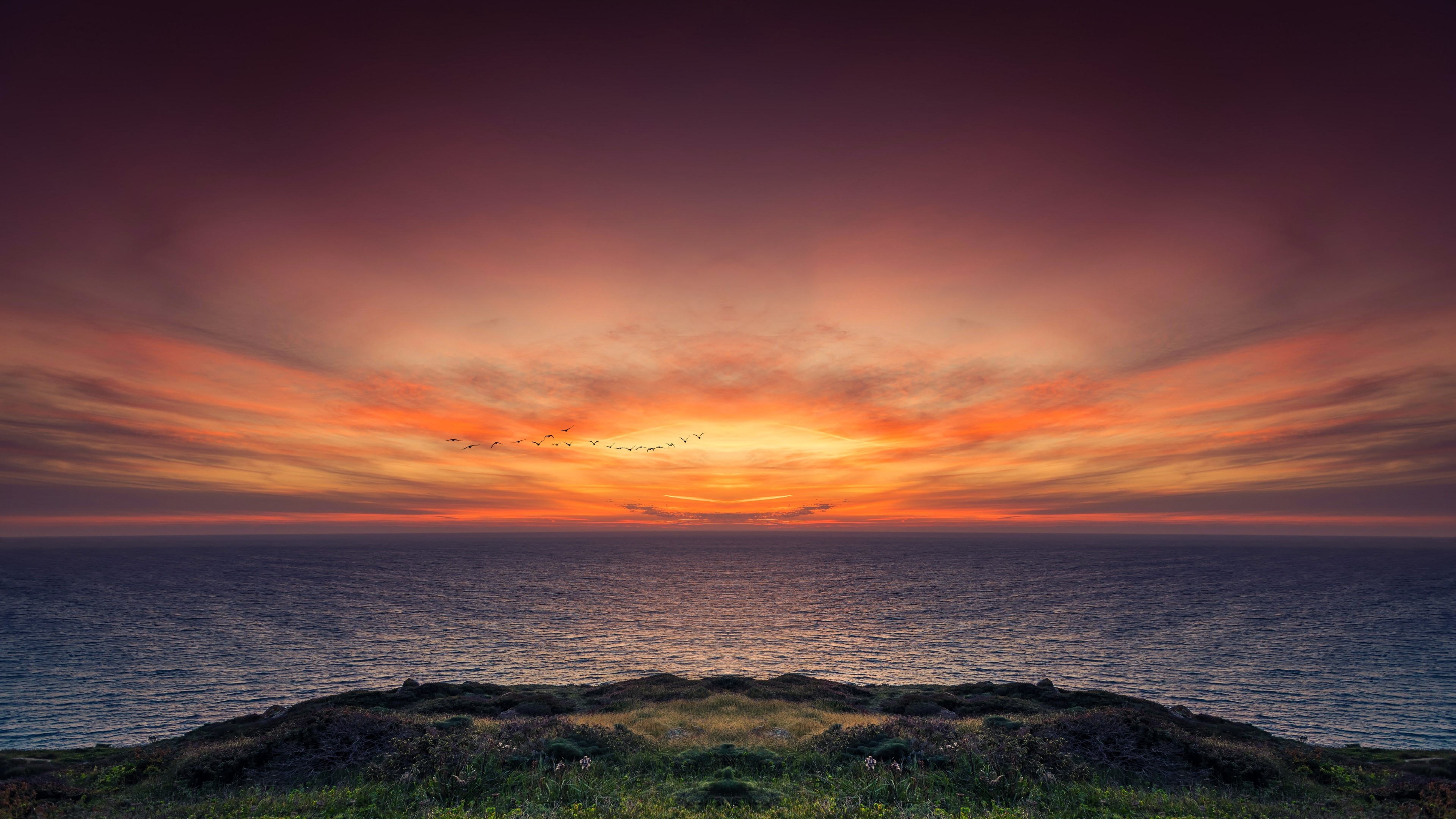 4K Sunset Over The Ocean With Birds HD Wallpaper