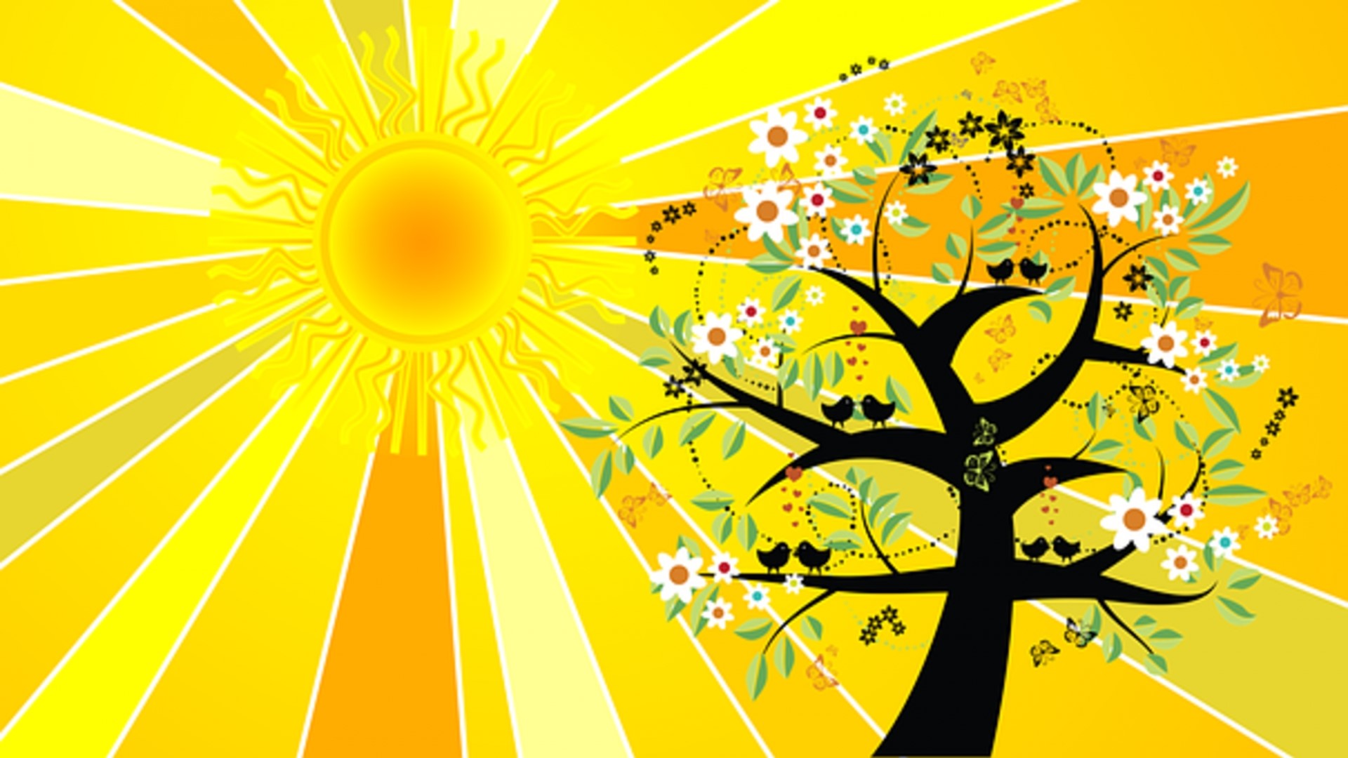 The Sun and a Tree with Birds and Butterflies HD Wallpaper