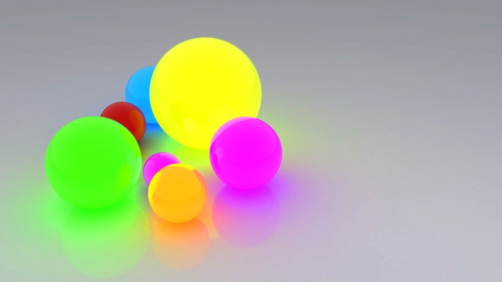 Colorful glowing spheres on a reflective surface HD Wallpaper
