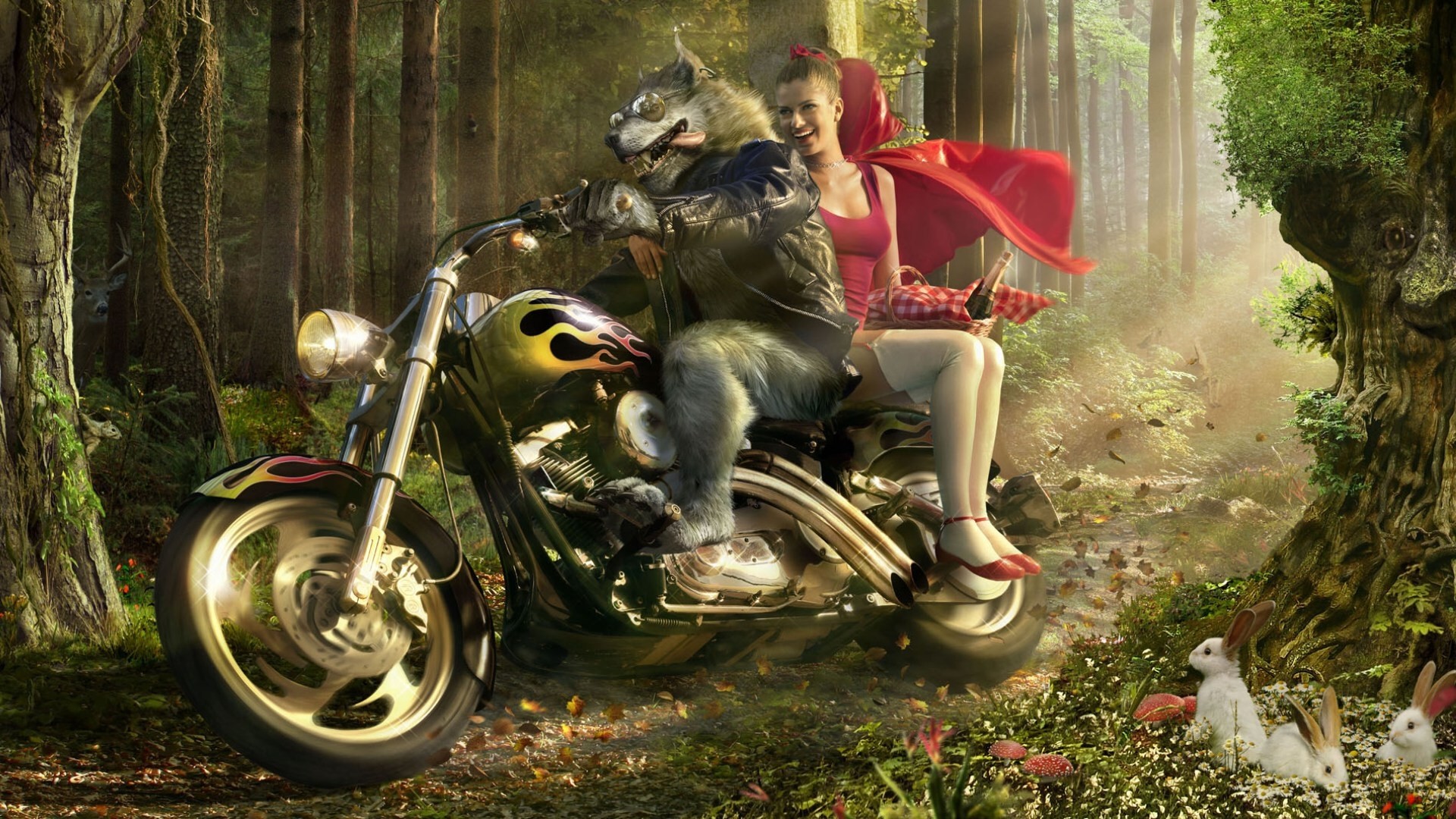 Wolf and Red Riding Hood on a Motorcycle in Forest HD Wallpaper