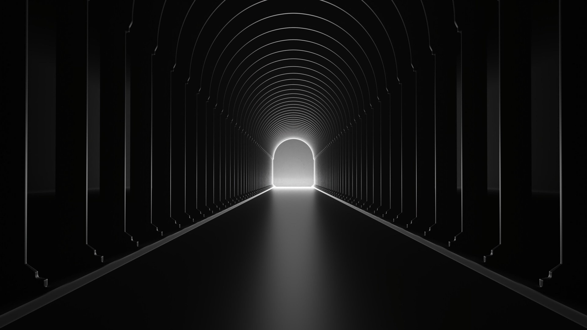 Dark Tunnel with Arches and Light at the End HD Wallpaper