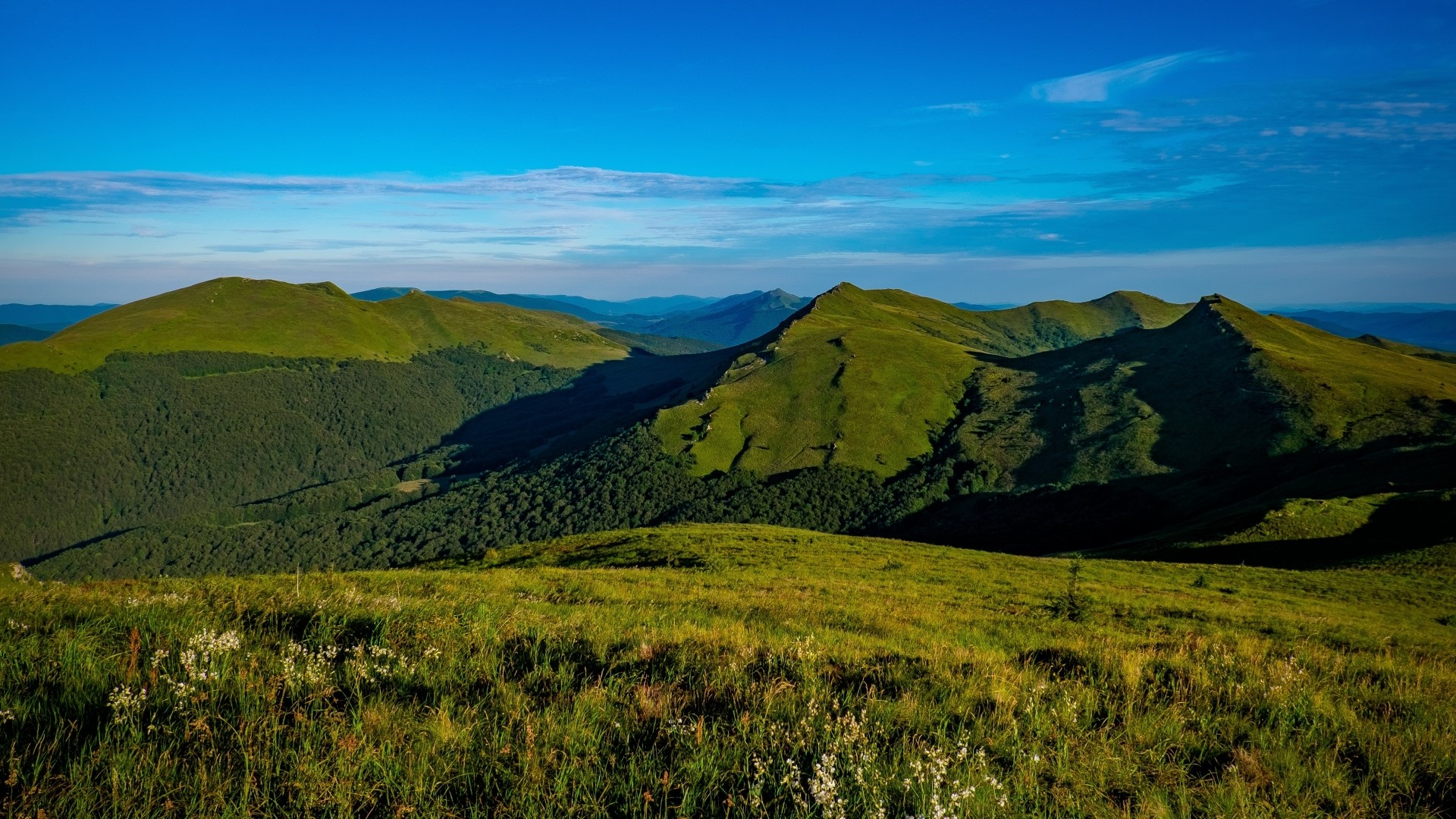 Green mountains under a blue sky HD Wallpaper