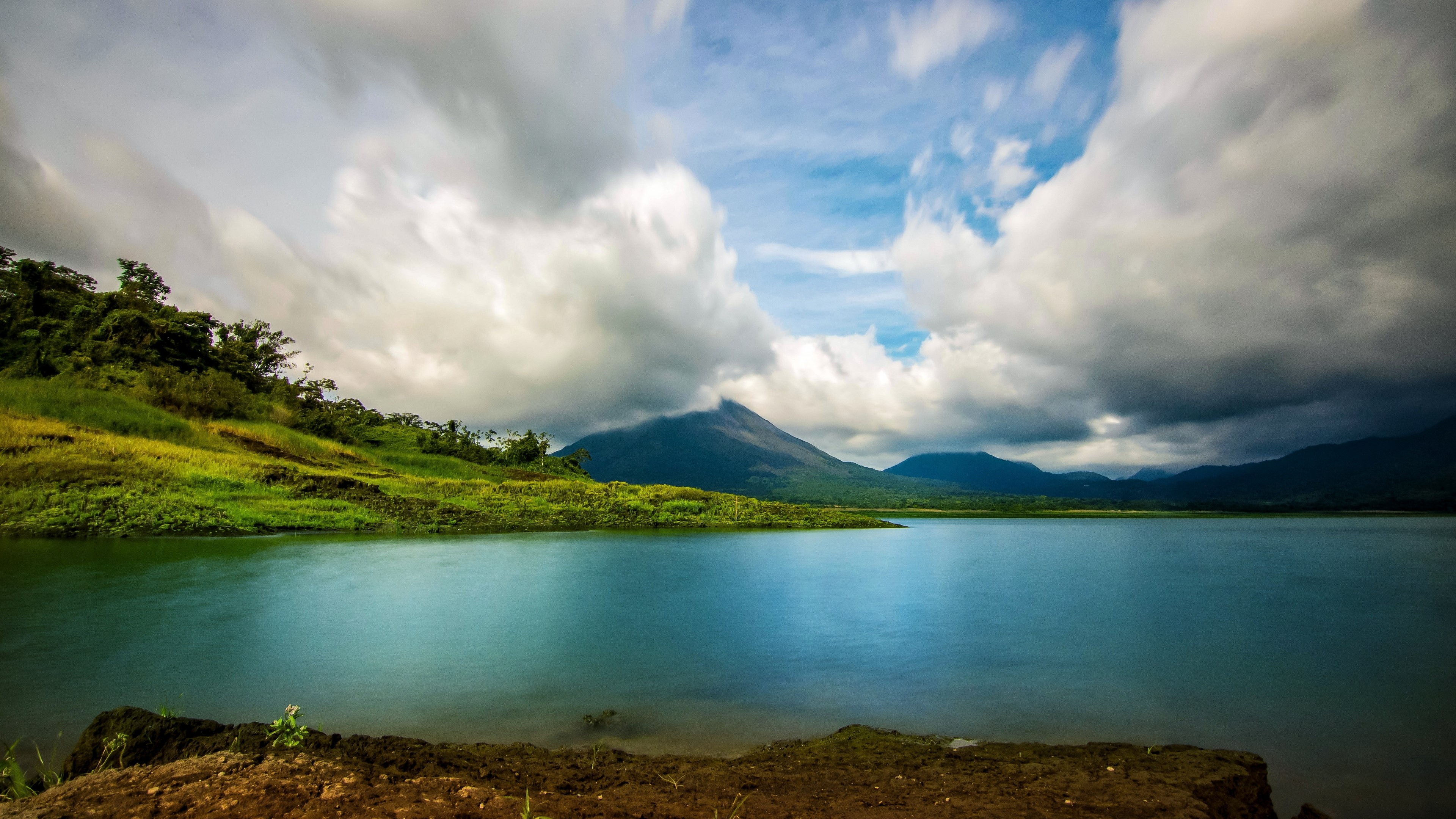 4K Lake with Volcano and Clouds HD Wallpaper