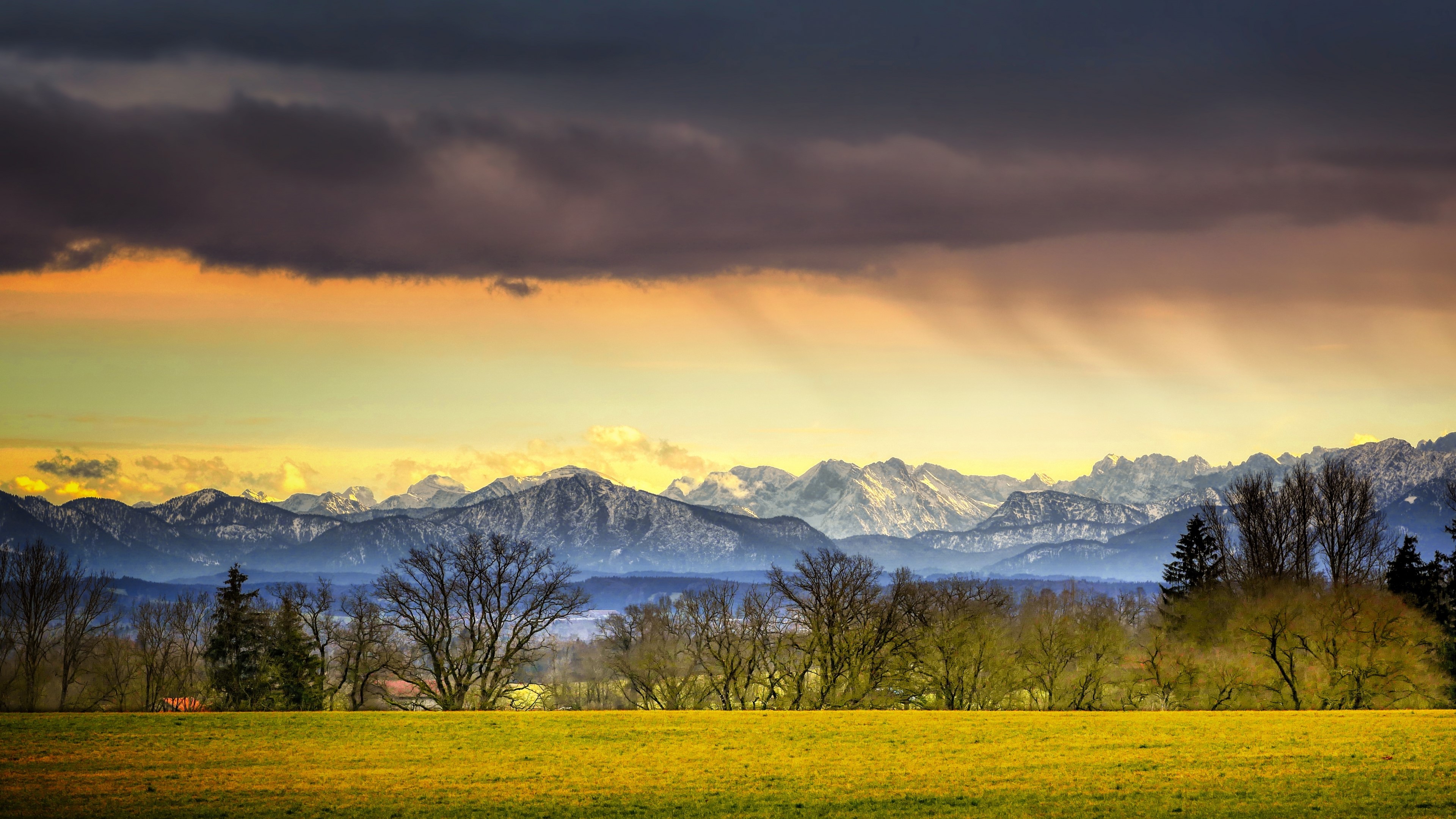 4K Nature Landscape with Mountains and Field HD Wallpaper