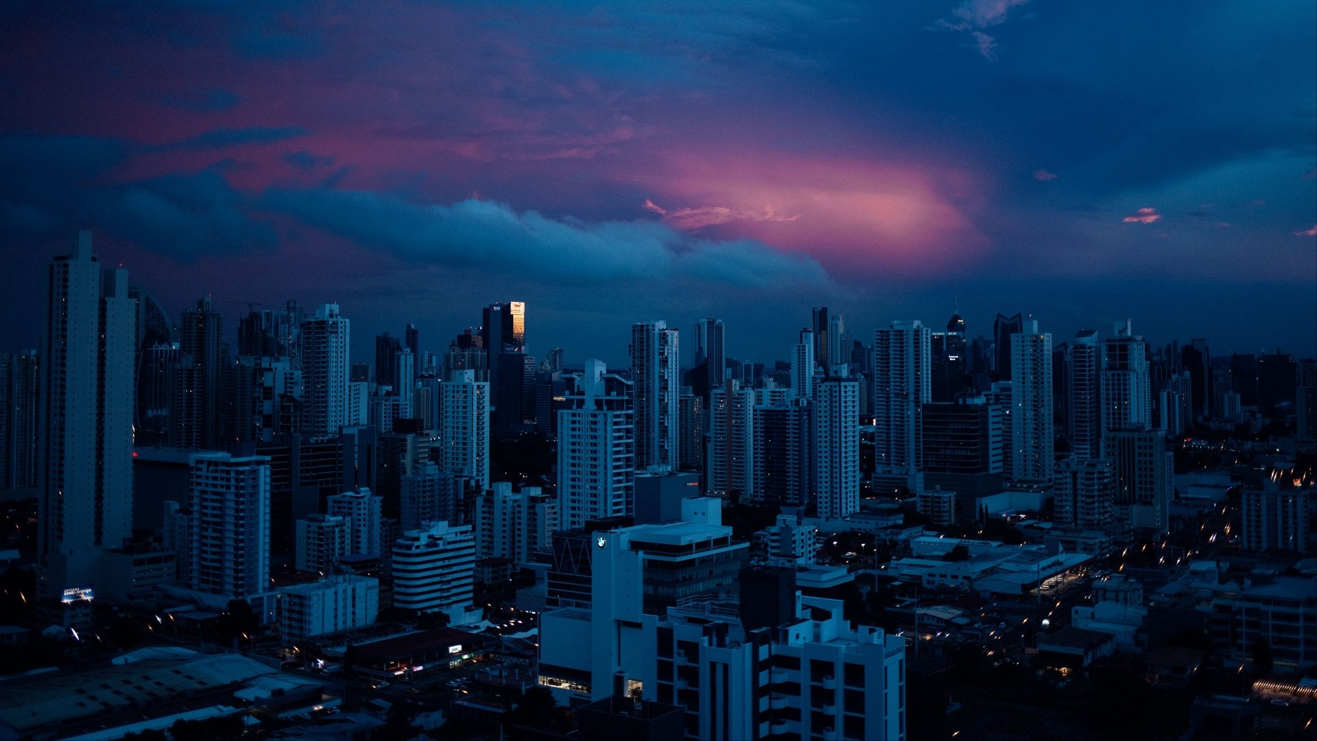 Cityscape with skyscrapers at dusk HD Wallpaper