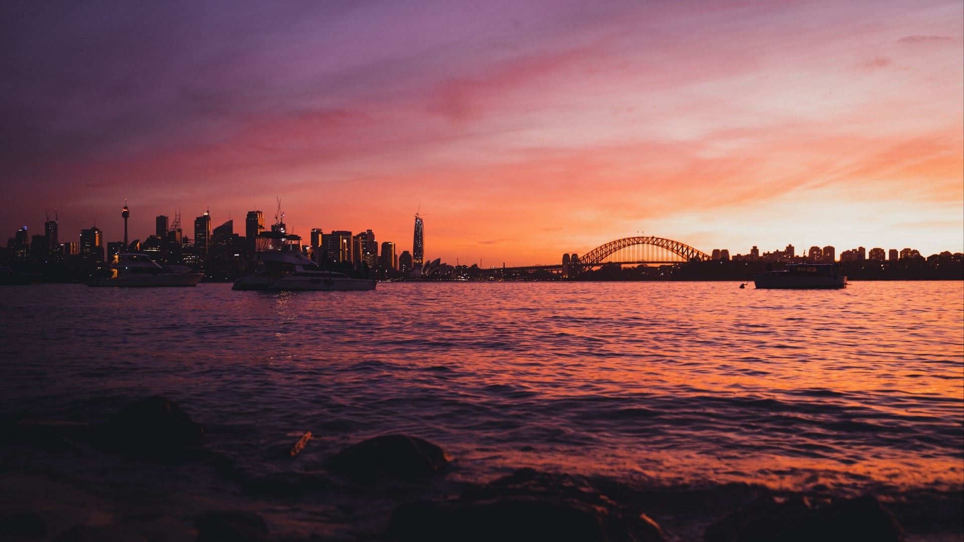 Sydney Harbour Bridge and Skyline at Sunset HD Wallpaper