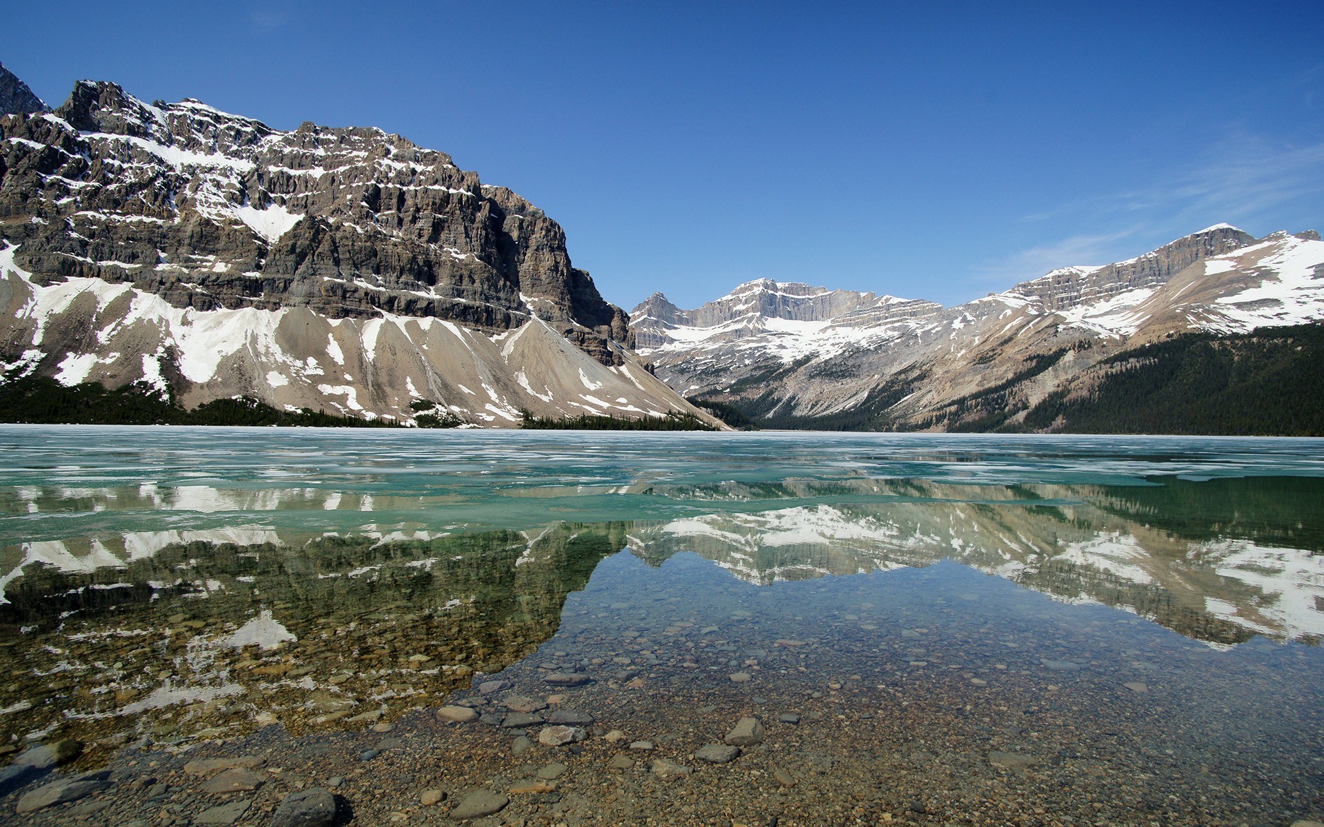 Bow Lake and Crowfoot Glacier in Banff National Park HD Wallpaper