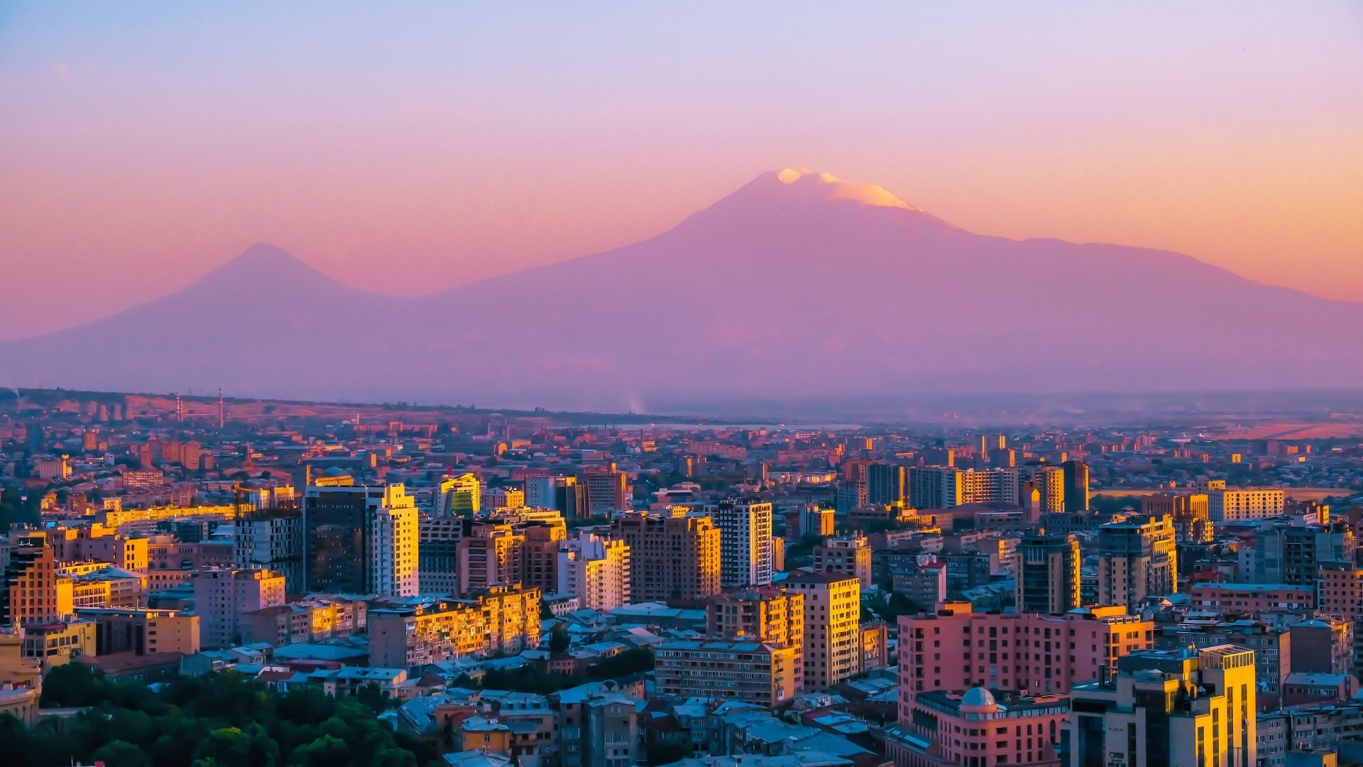 Cityscape with Mount Ararat at Sunset HD Wallpaper
