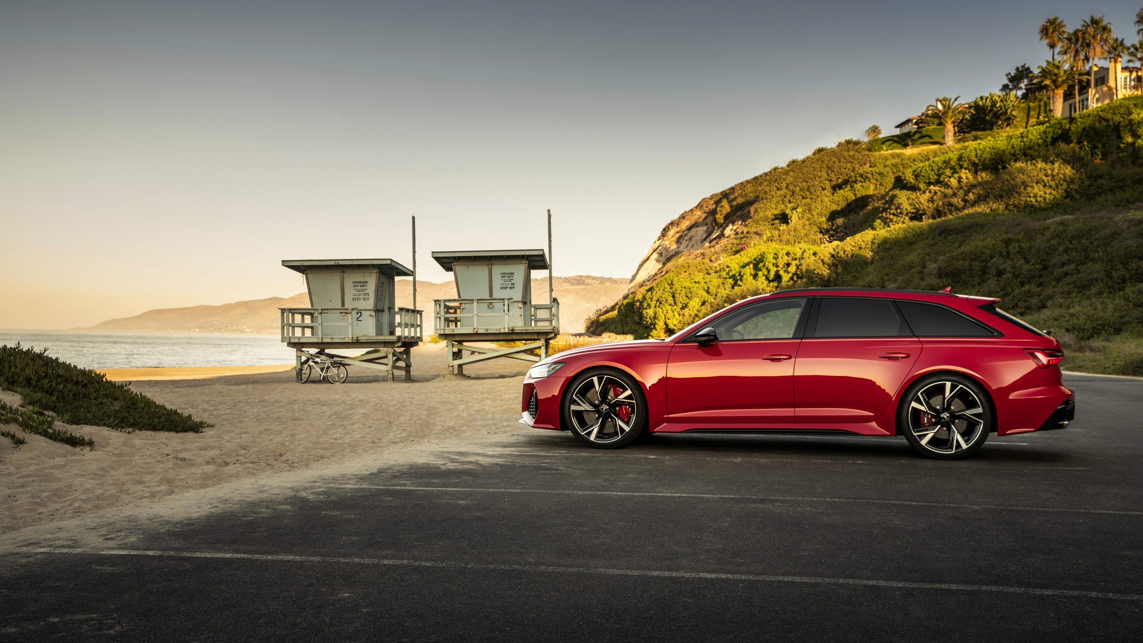 4K Red Audi RS6 Avant on Beach HD Wallpaper