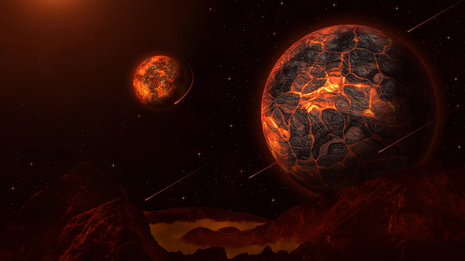 Planets and meteors in space HD Wallpaper