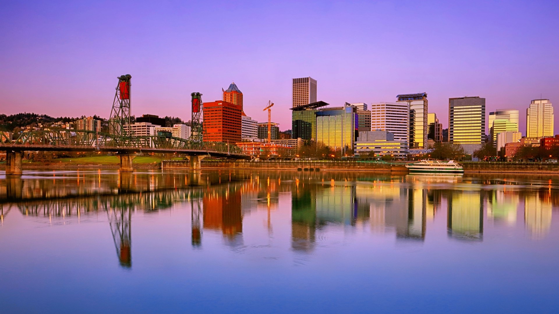 Portland skyline with bridge and river at sunset HD Wallpaper