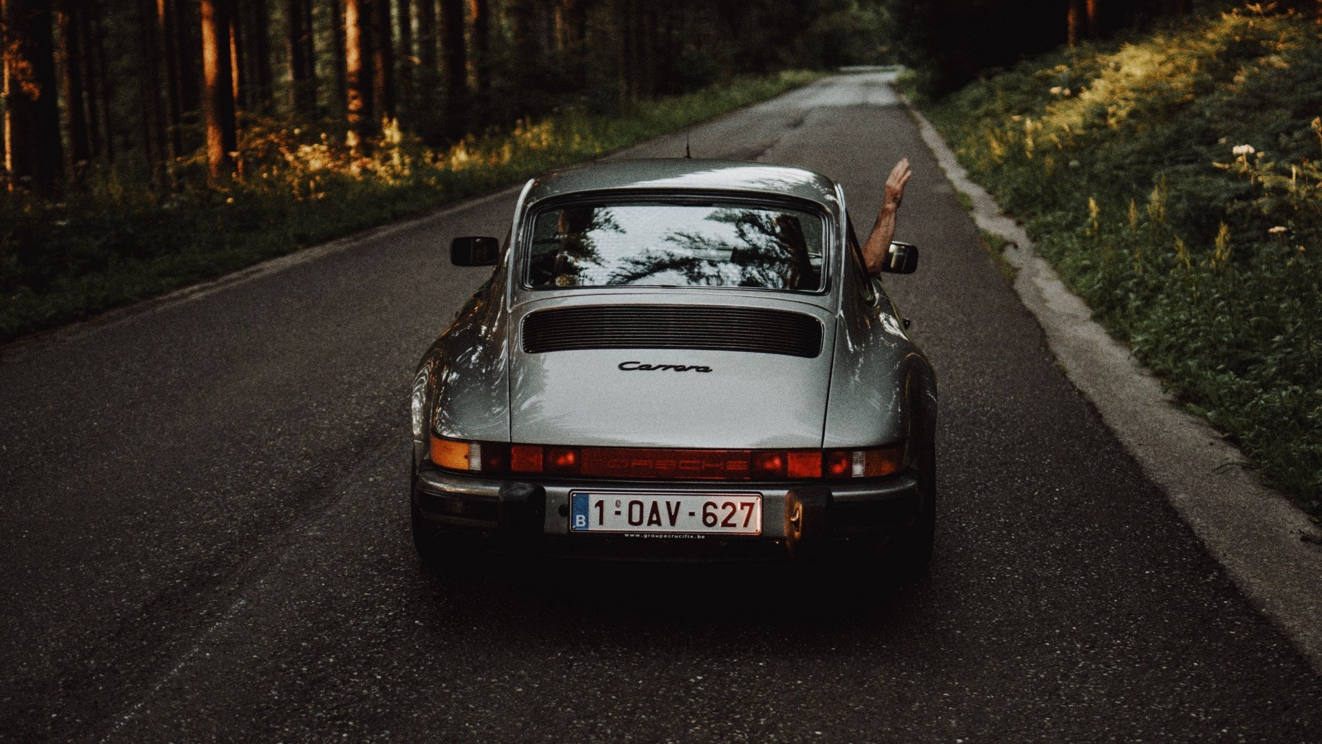 Porsche Carrera driving on a forest road HD Wallpaper
