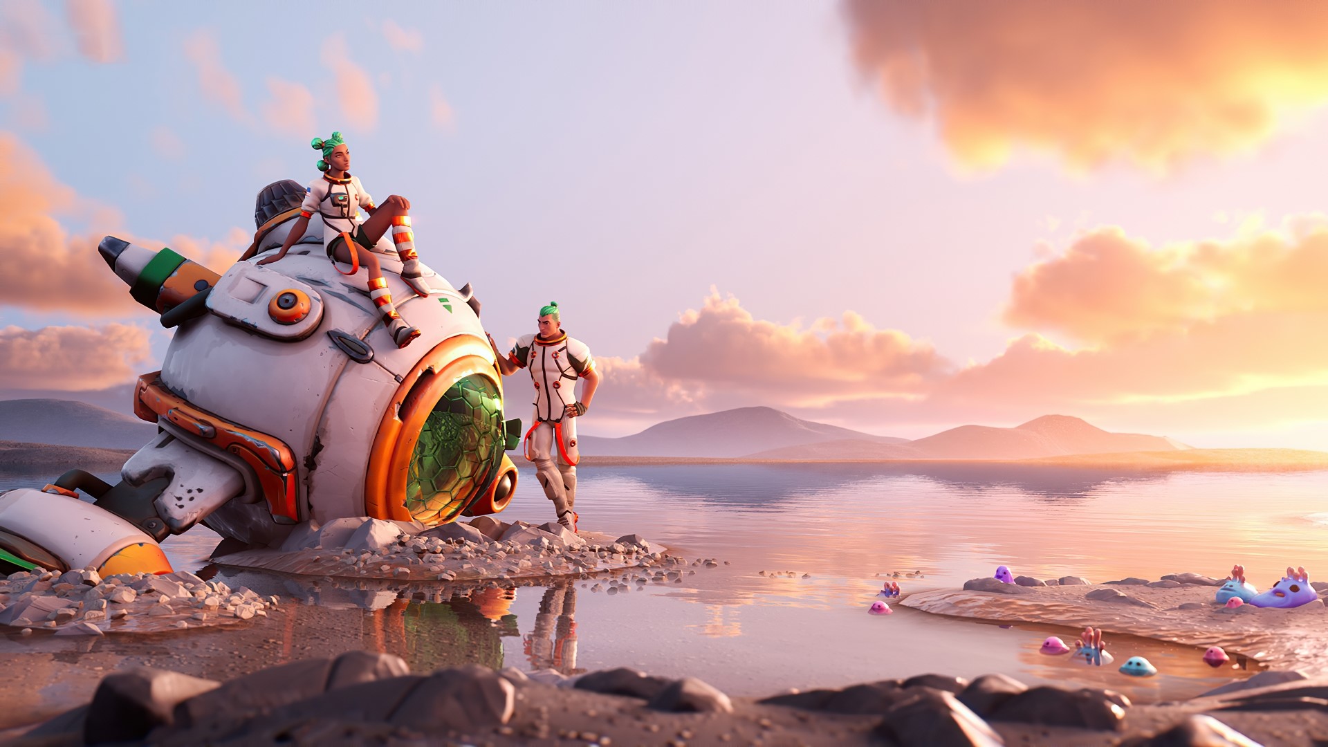 Two astronauts near a crashed spacecraft on a lake shore HD Wallpaper