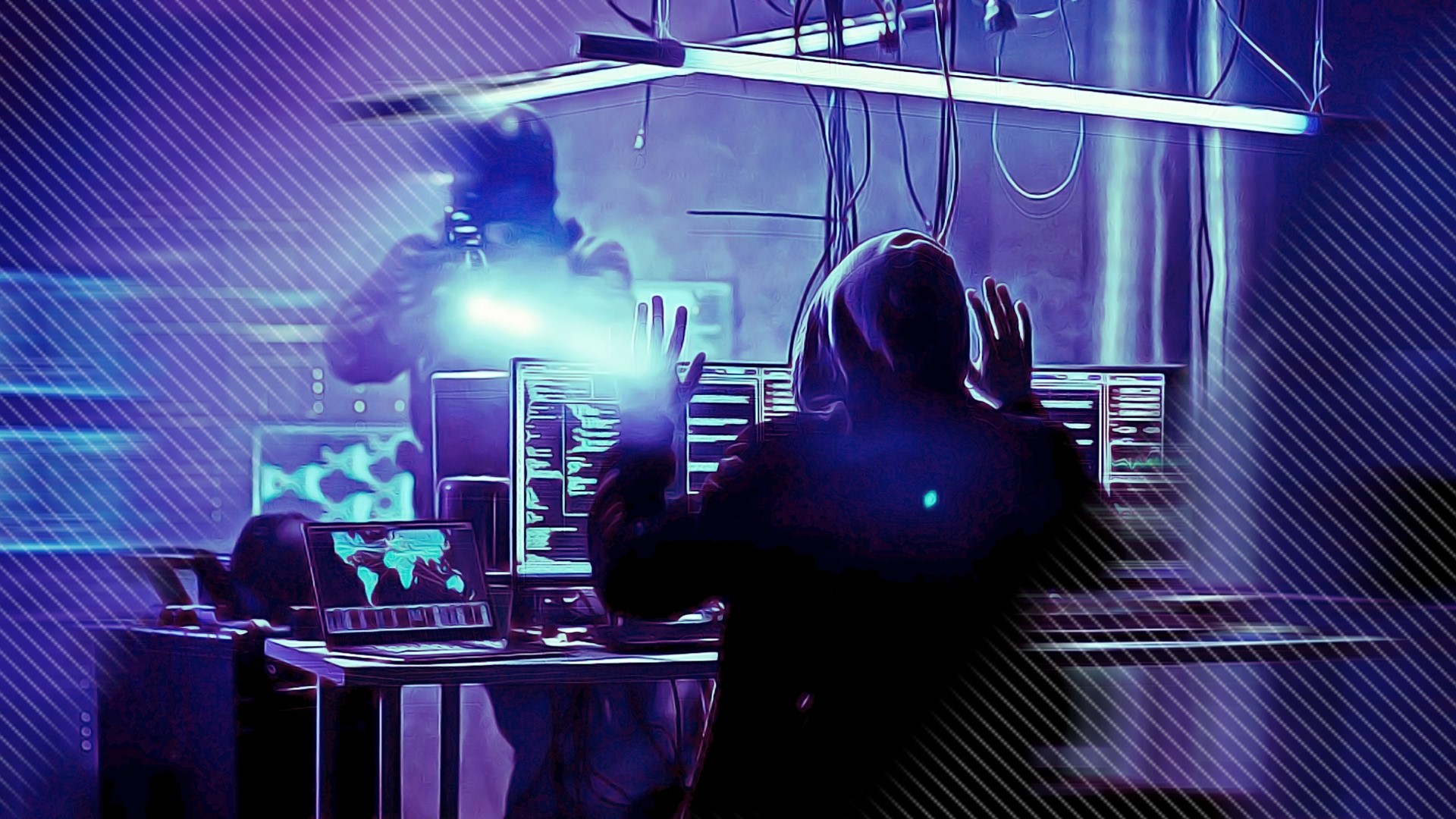 Hacker with hands up in front of computers HD Wallpaper