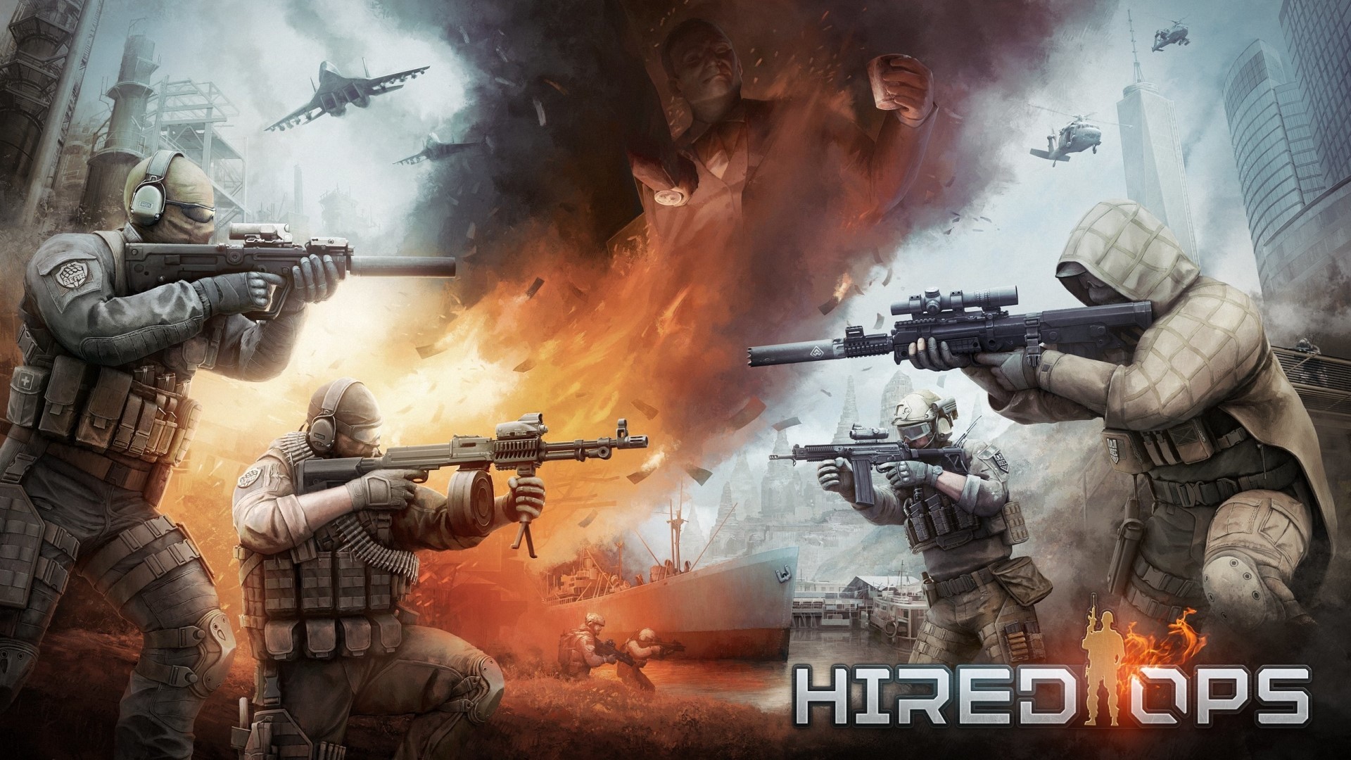 Hired Ops soldiers in combat with explosions and aircraft HD Wallpaper