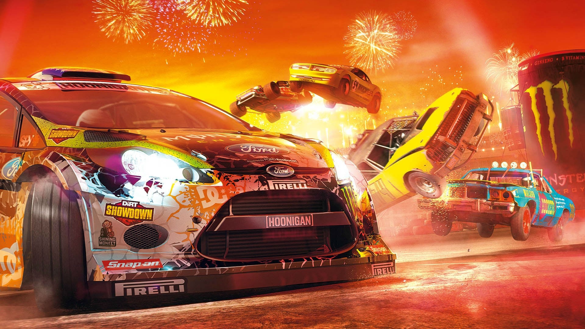 DiRT Showdown cars in action with fireworks HD Wallpaper