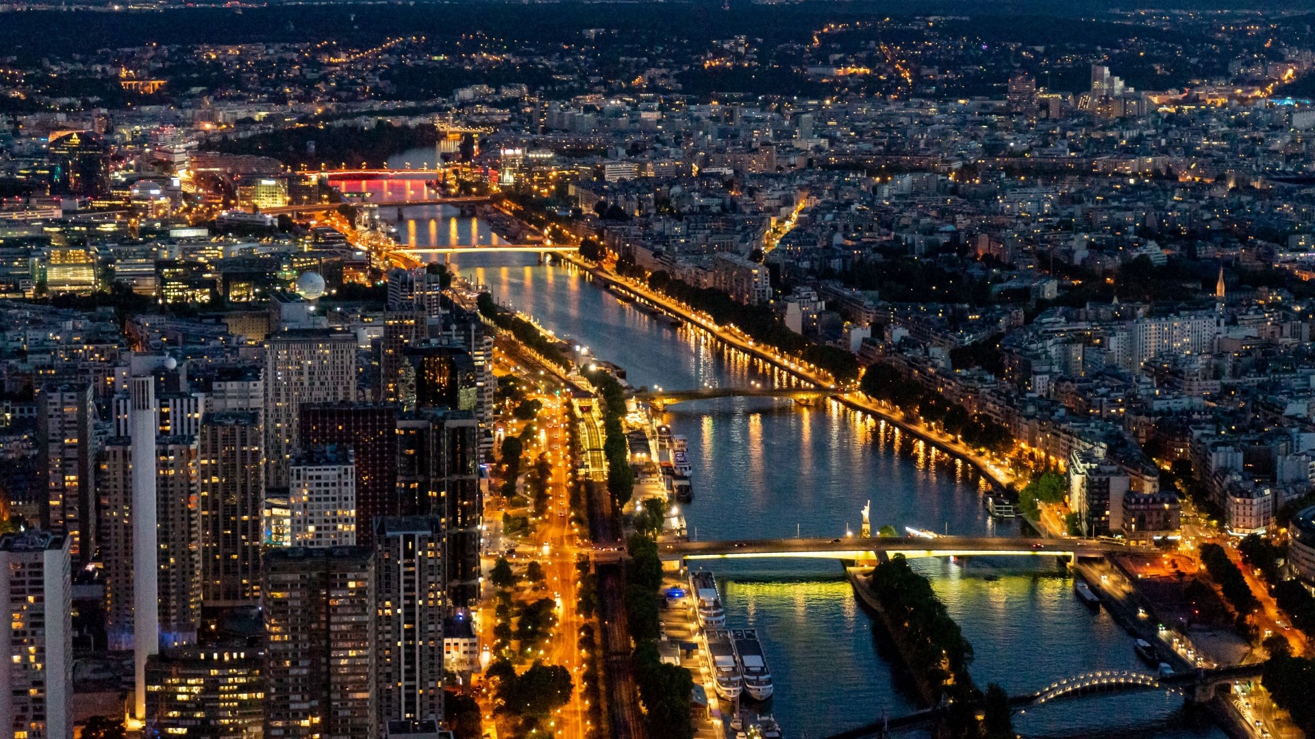 Night view of Paris with Seine River and bridges HD Wallpaper