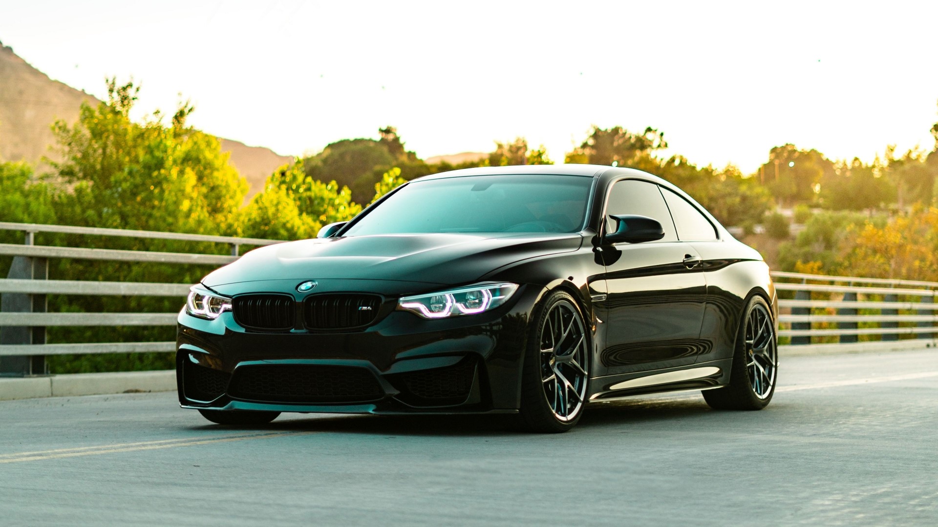 Black BMW F82 M4 Coupe on a bridge HD Wallpaper