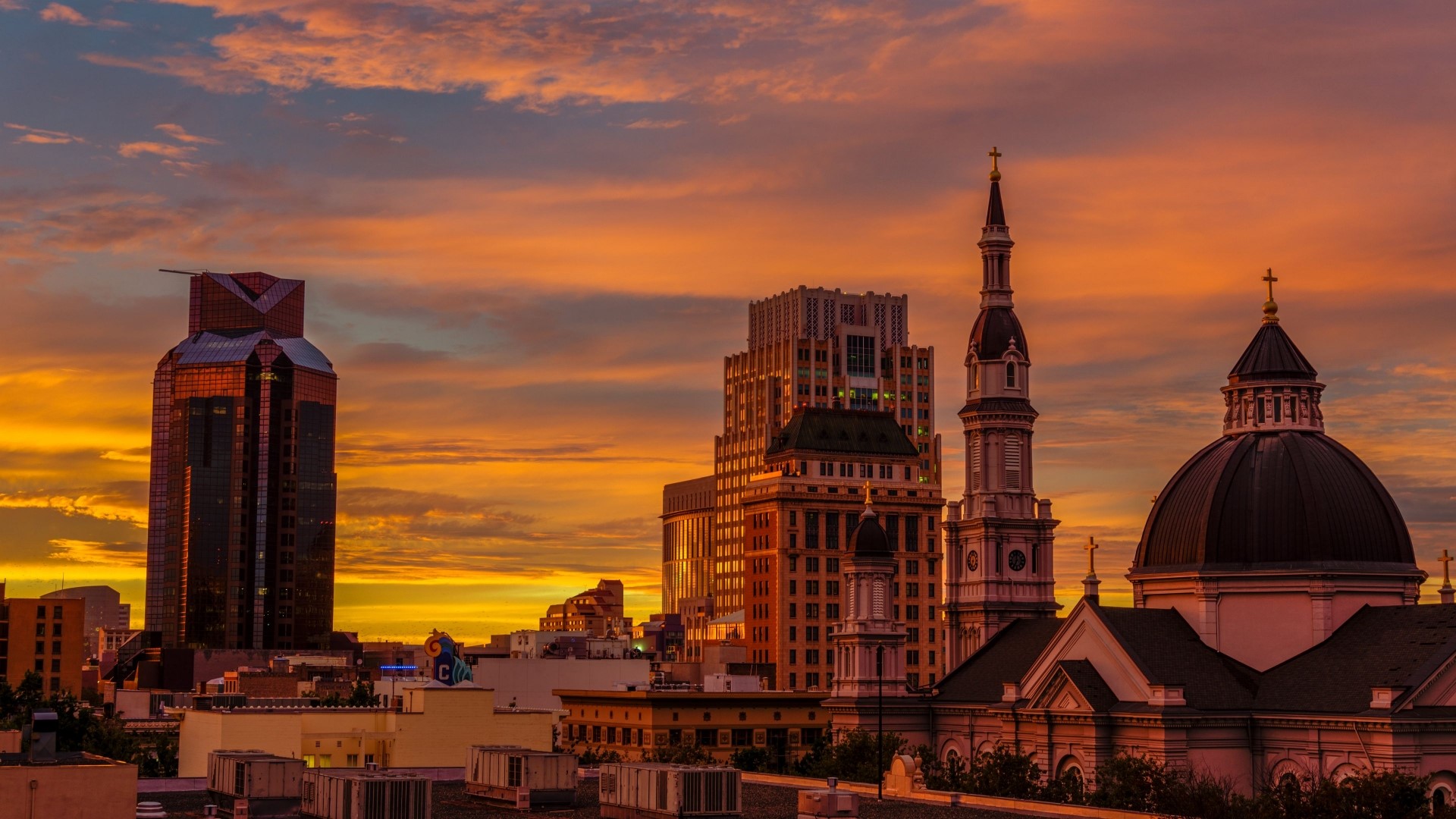 City skyline at sunset HD Wallpaper