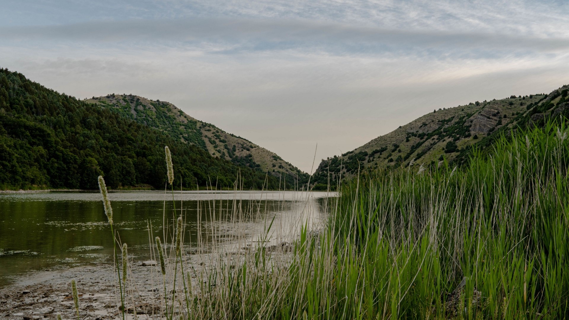 River between green hills under cloudy sky HD Wallpaper