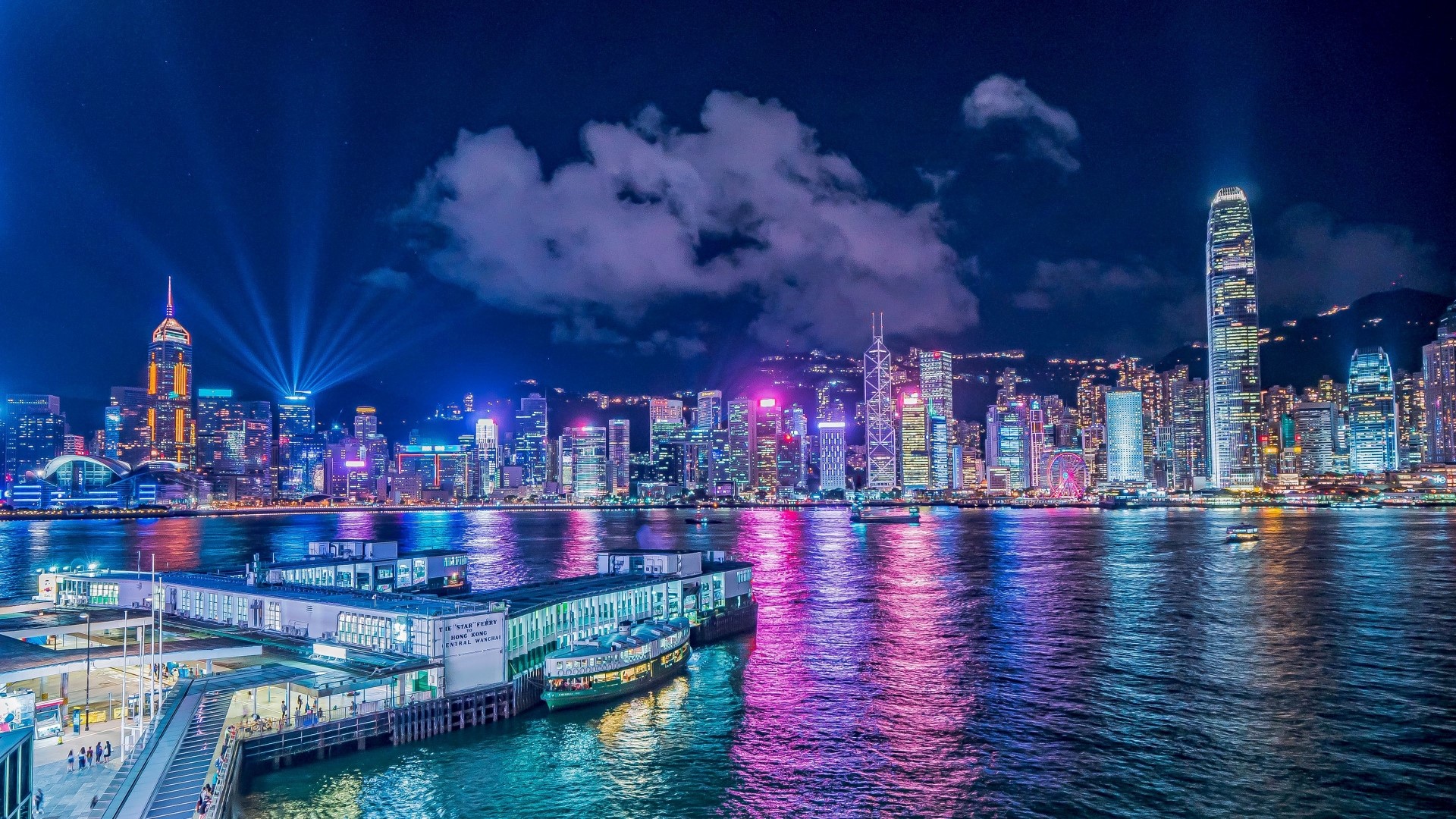 Hong Kong skyline at night with harbor HD Wallpaper